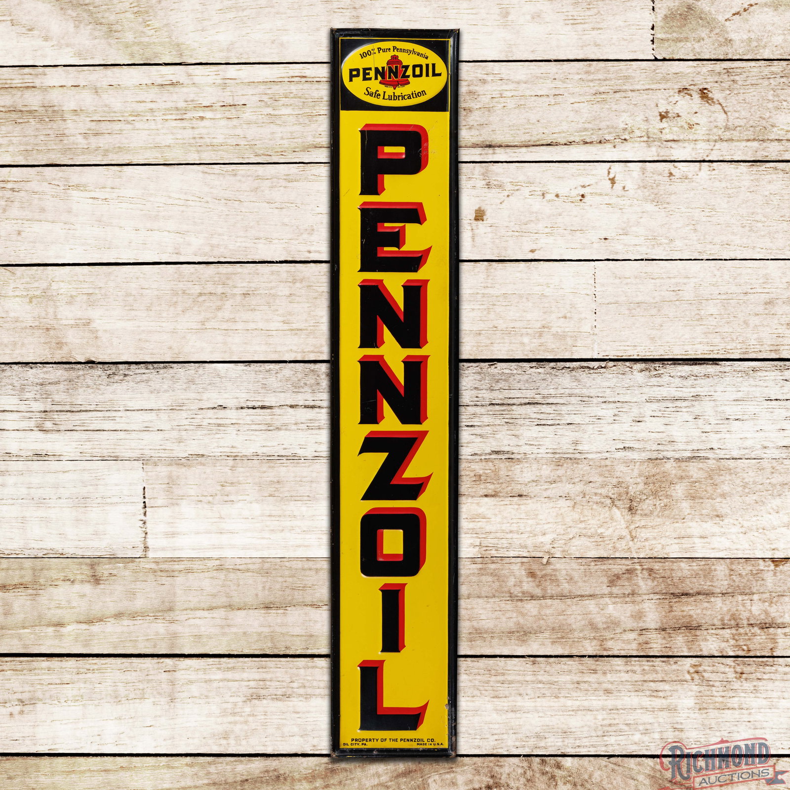 Pennzoil 100% Pure Pennsylvania "Safe Lubrication" 5' Emb. Single Sided Tin Sign w/ Logo: SST (single sided tin) embossed self-framed sign with the factory wooden support frame has very good color and shine. The field has light wear with fine scratches and small dings beside the "P" in the