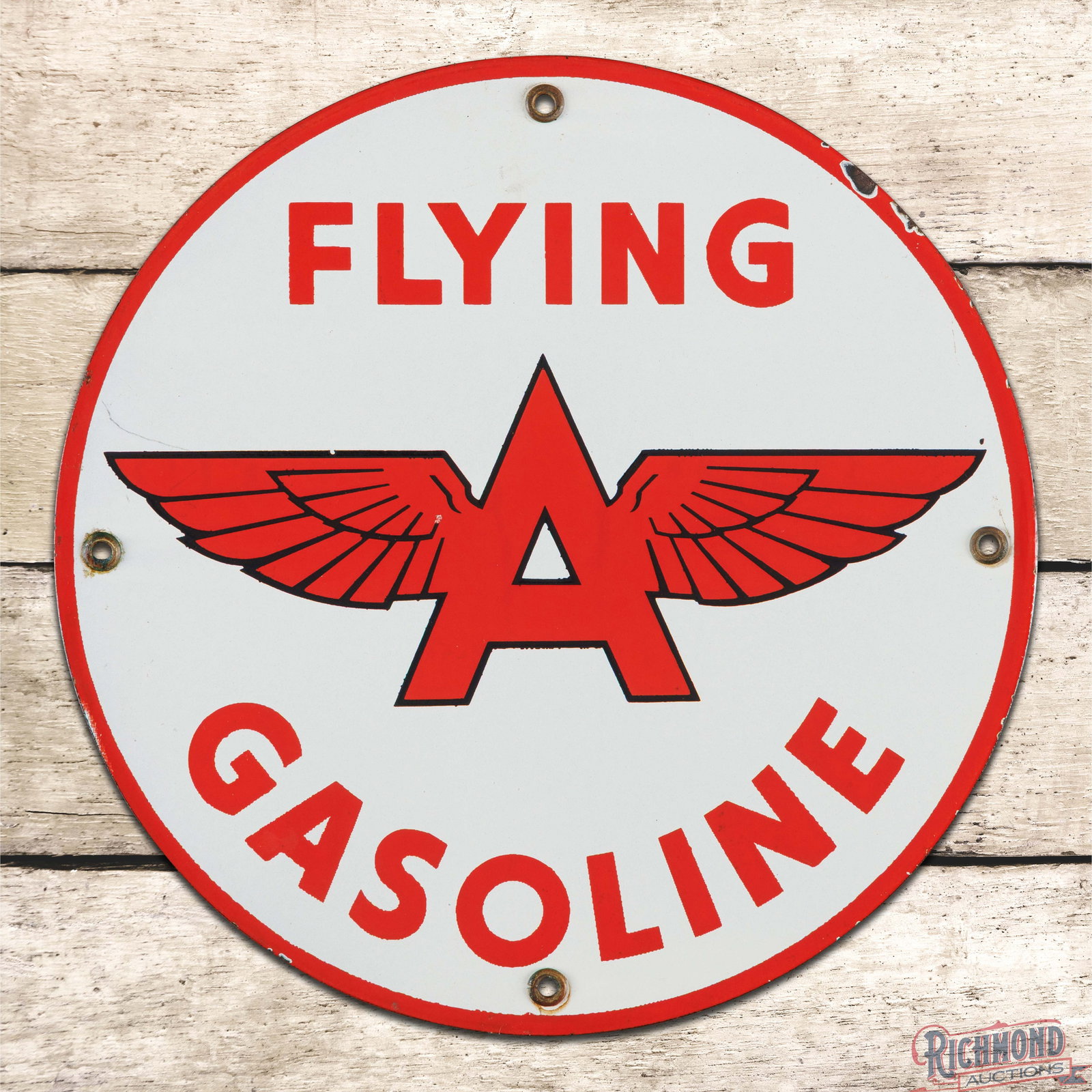 Flying A Gasoline Single Sided Porcelain Pump Plate Sign w/ Logo: SSP (single sided porcelain) pump plate has very good color and gloss. The field is clean with a tiny flea bite in the logo and mark in the left outer field. The perimeter has minor discoloration at t