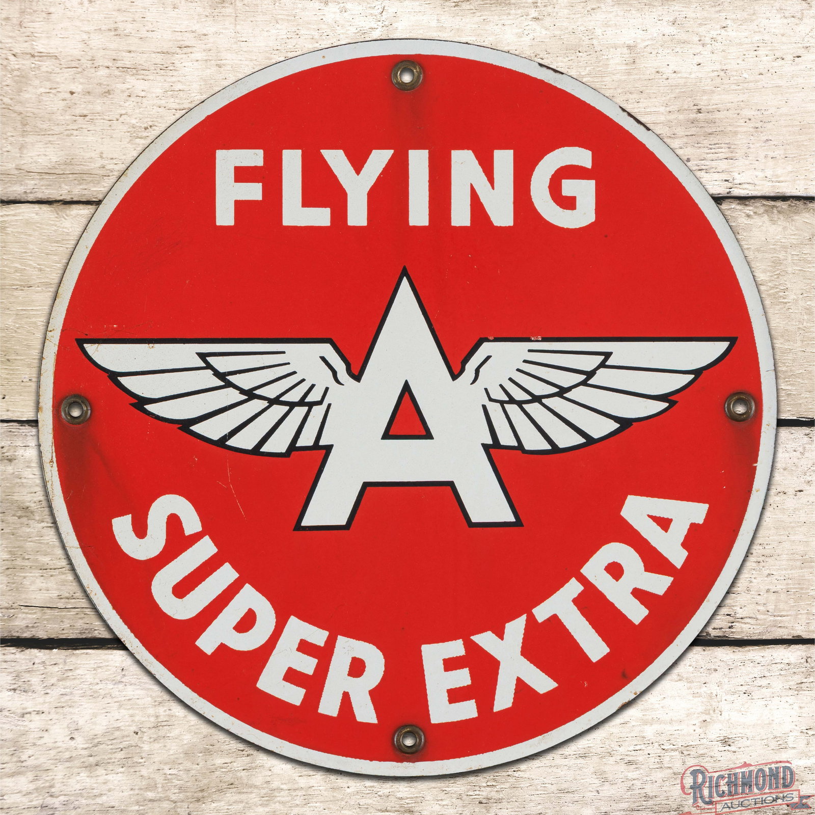 Flying A Super Extra Gasoline Single Sided Porcelain Pump Plate Sign w/ Logo: SSP (single sided porcelain) pump plate has good color and gloss. The field has two tiny nicks on the upper right edge of the logo and a few fine scratches in the left field. The perimeter has areas o