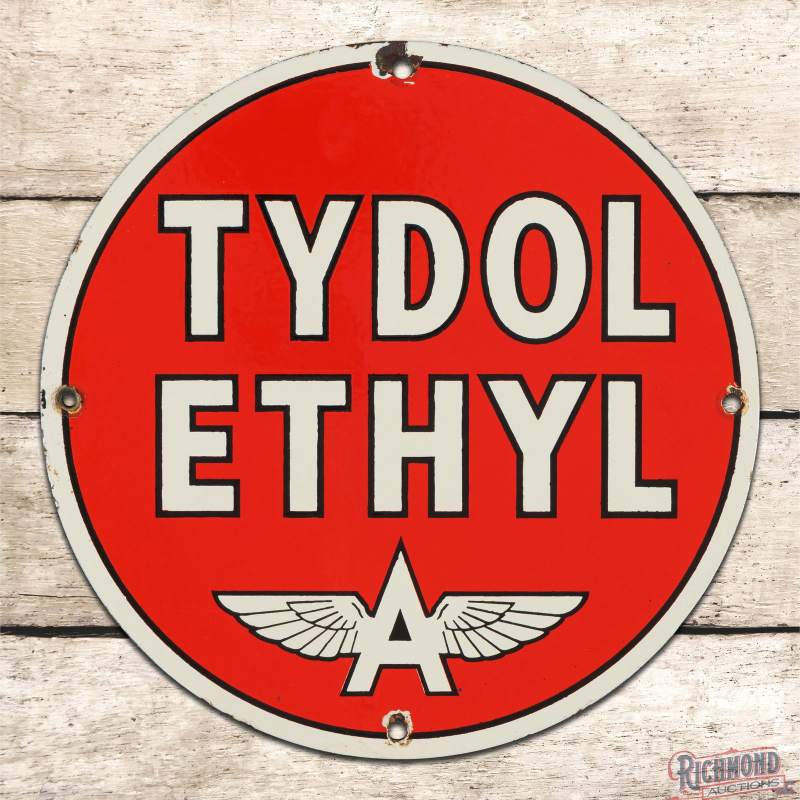 Tydol Ethyl Gasoline Single Sided Porcelain Pump Plate Sign w/ Logo: SSP (single sided porcelain) pump plate has excellent color and gloss. The field is clean with minor surface imperfections in the lower left outer field. The perimeter has small chips at the mounting 