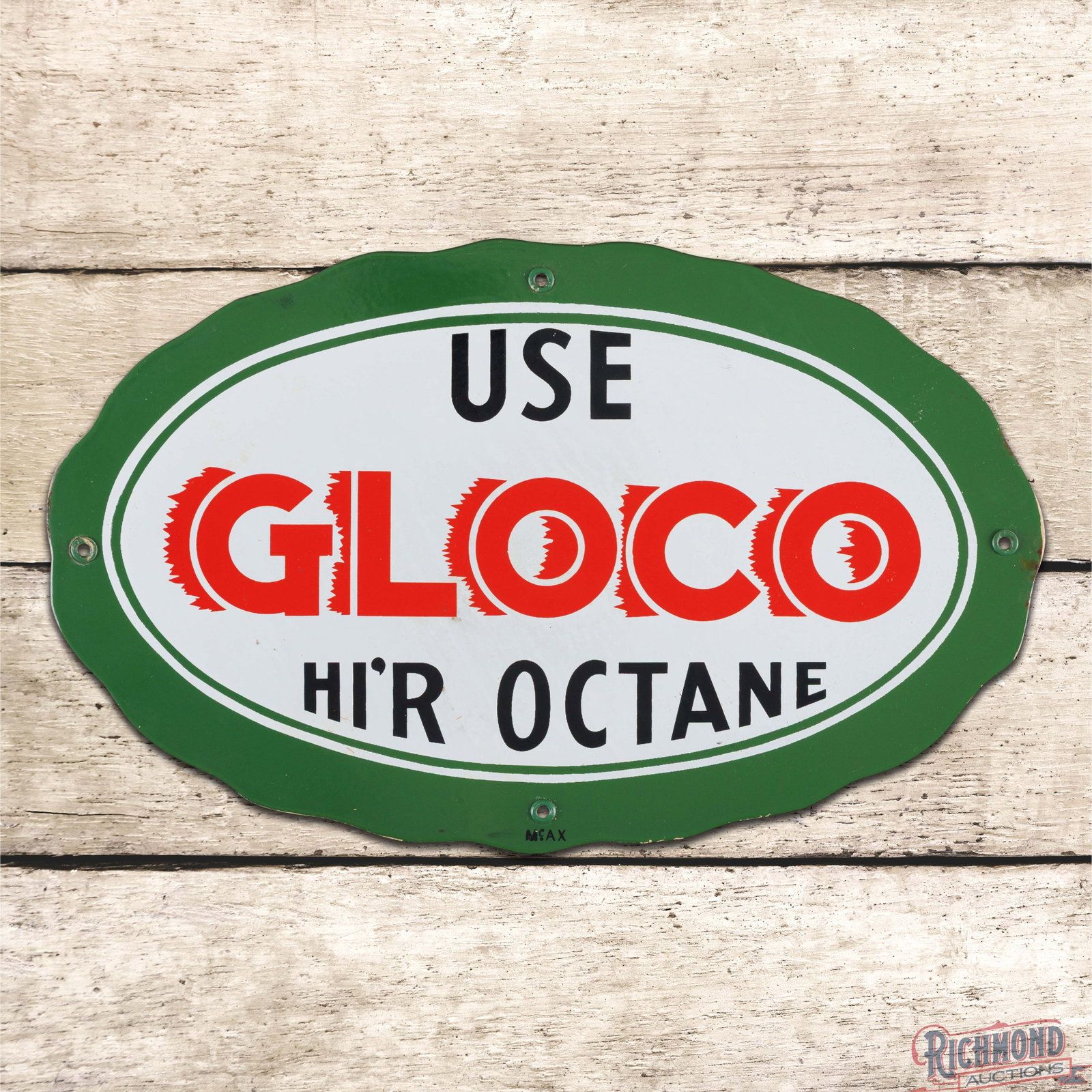 Use Gloco Hi'R Octane Gasoline Single Sided Porcelain Pump Plate Sign: SSP (single sided porcelain) die cut pump sign has very good color and gloss. The field has paper marks with areas of slight discoloration. The perimeter has light wear with errant tan paint along the