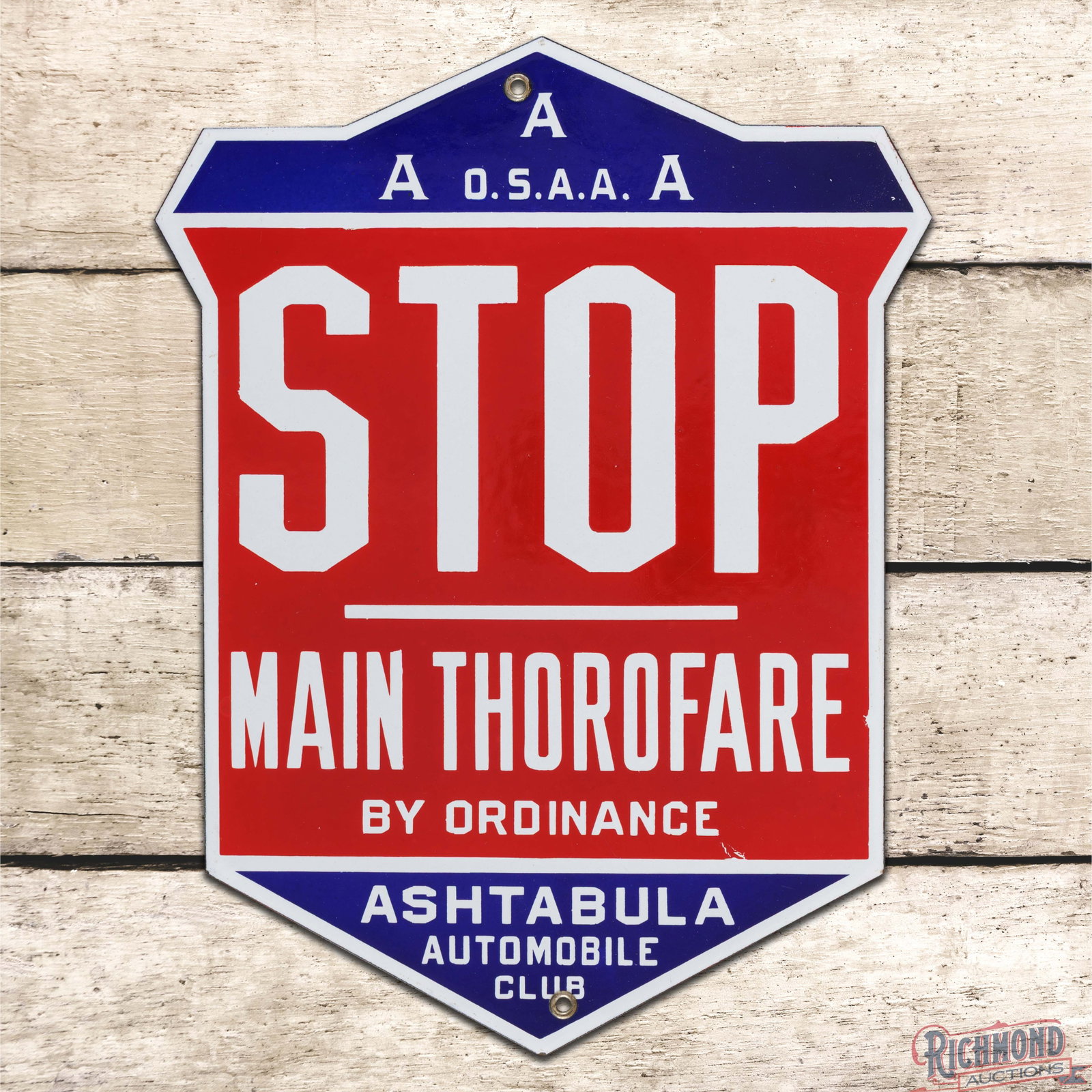 Early Ashtabula Ohio Automobile Club Stop Main Thorofare By Ordinance 17" Porcelain Die Cut Sign: SSP (single sided porcelain) die cut sign has day one color and gloss. The fields are exceptionally clean with a few light fine scratches and a factory blemish below the "E in Ordinance. The perimeter