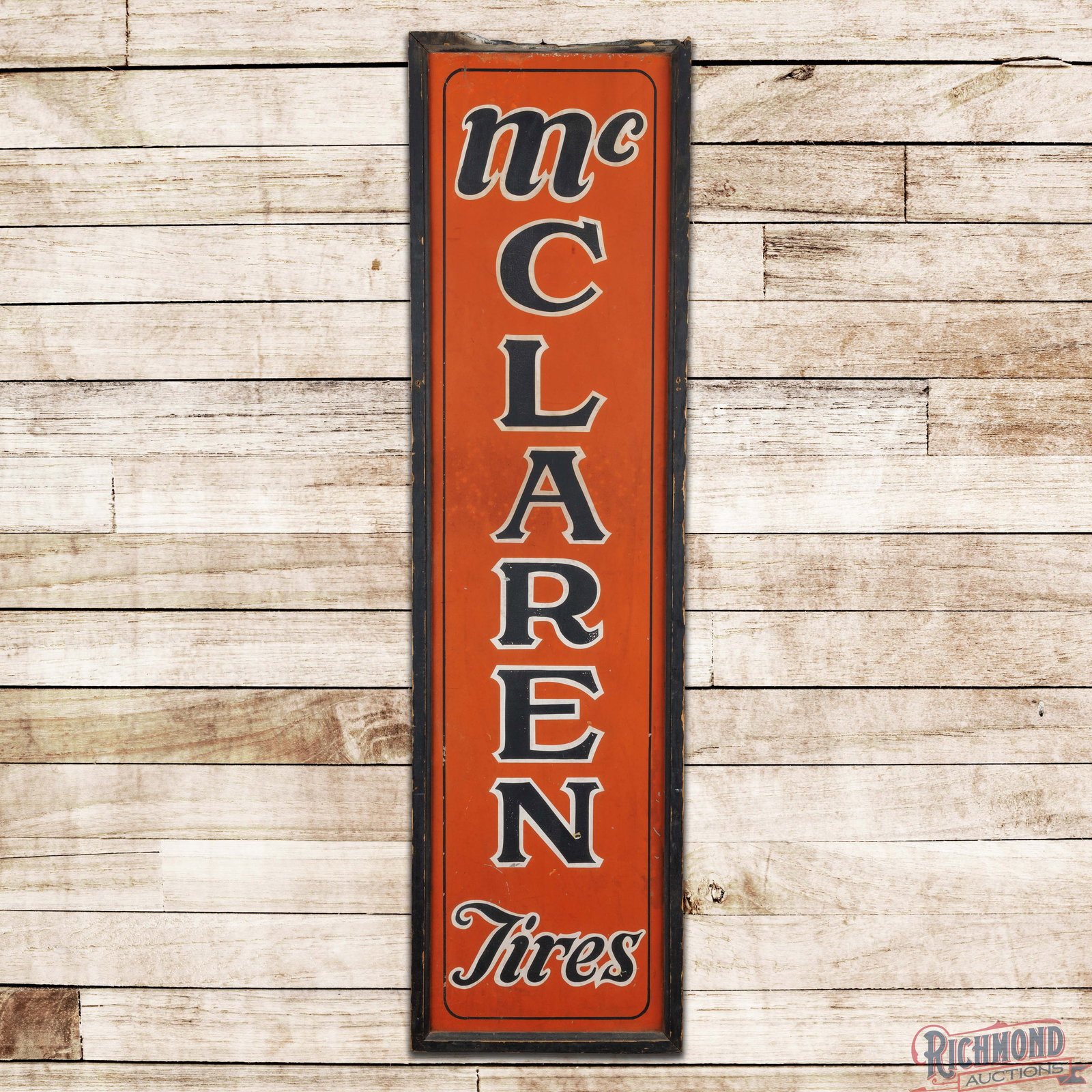 McClaren Tires 6' Single Sided Tin Wood Framed Sign: Early SST (single sided tin) sign with the factory wooden frame has good color and shine. The sign has general toning throughout with paint chips and scratches. The wooden frame has an area of loss on