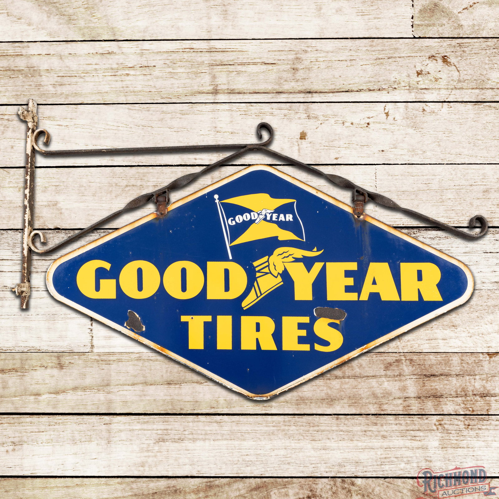 Goodyear Tires 4' Double Sided Porcelain Sign w/ Factory Bracket (1 of 3)