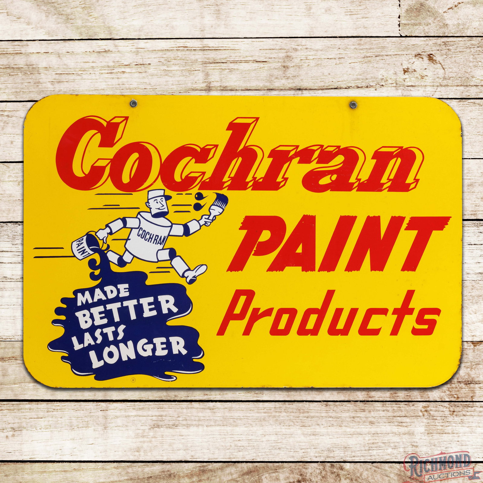 Cochran Paint Products "Made Better Last Longer" Double Sided Porcelain Sign w/ Mascot: DSP (double sided porcelain) sign has outstanding color and gloss. The display is very clean overall with tiny errant paint drips in the right field and areas of light wear and fine scratches in the l