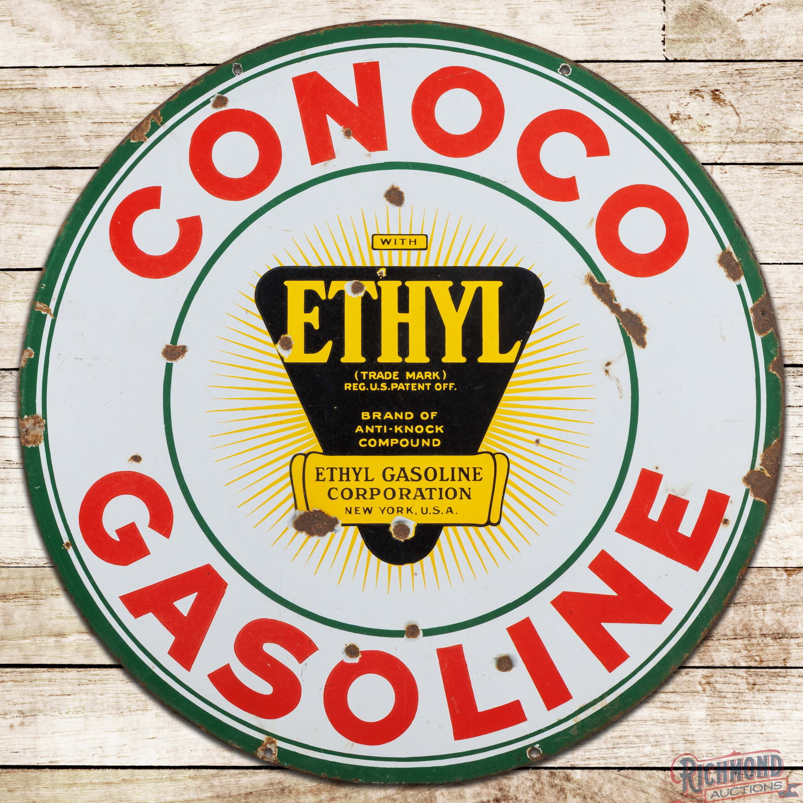 Conoco Ethyl Gasoline 30" Double Sided Porcelain Sign w/ Logo: DSP (double sided porcelain) sign has good color and gloss. Side #1 has chips in the fields with areas of surface wear and crazing. The perimeter has three small added mounting holes with chips and ed