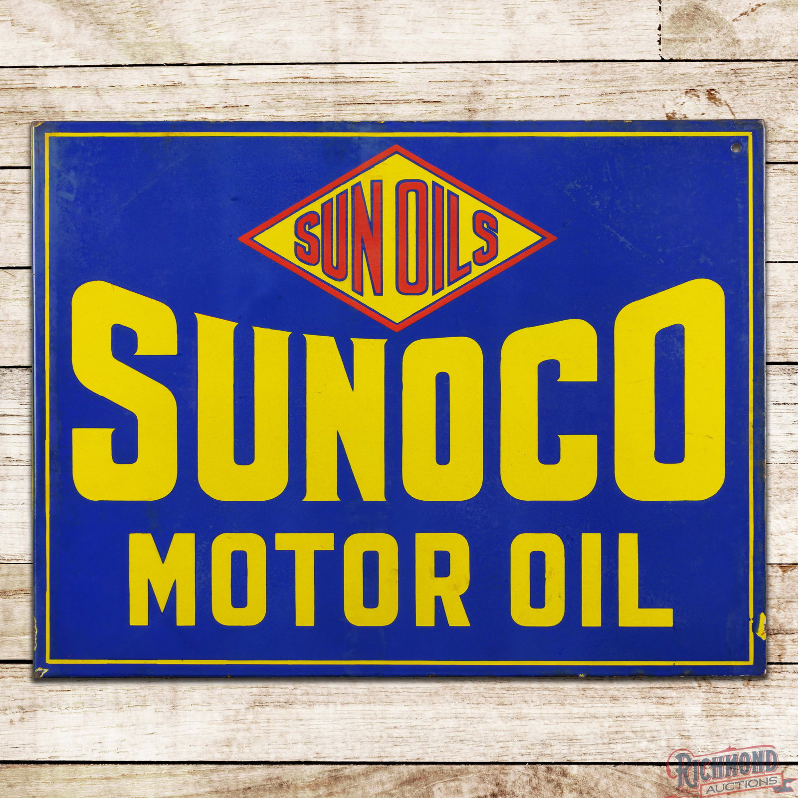 Sun Oils Sunoco Motor Oil Double Sided Porcelain Flange Sign w/ Logo: DSP (double sided porcelain) flange has very good color and moderate gloss. The display has a clean field. The blue porcelain in the outer fields has areas of lower gloss and the edges have small chip