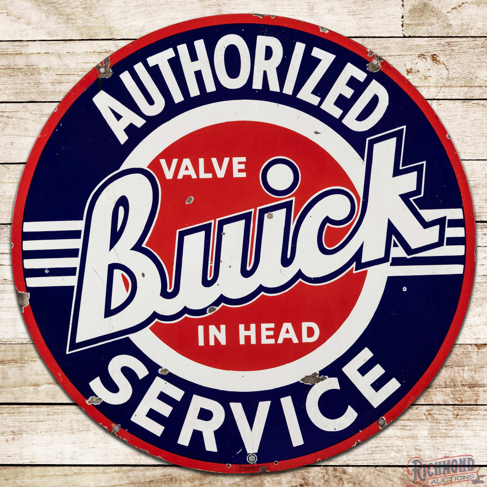 Buick Authorized Service "Valve in Head" 42" Double Sided Porcelain Sign: DSP (double sided porcelain) sign has excellent color and gloss. The display has chips with light wear and marks. The perimeter has chips at the mounting holes, edges and two small added holes on the 