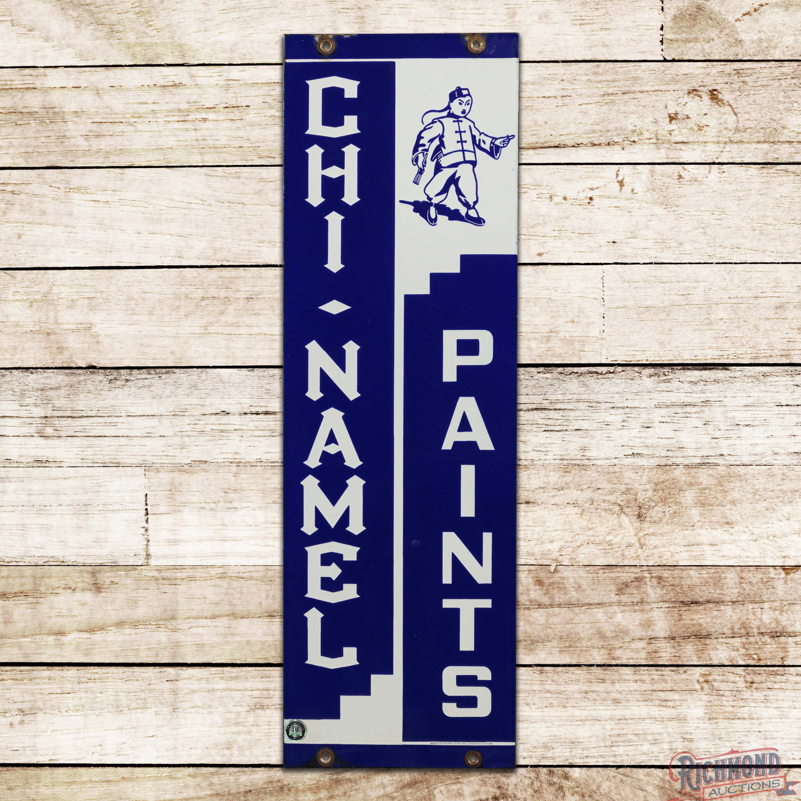 Rare Chi Namel Paints 30" Double Sided Porcelain Sign w/ Logo: DSP (double sided porcelain) sign has excellent color and gloss. Side #1 has a clean field with areas of discoloration at the mounting holes and chips along the upper edges. The reverse is in a simila