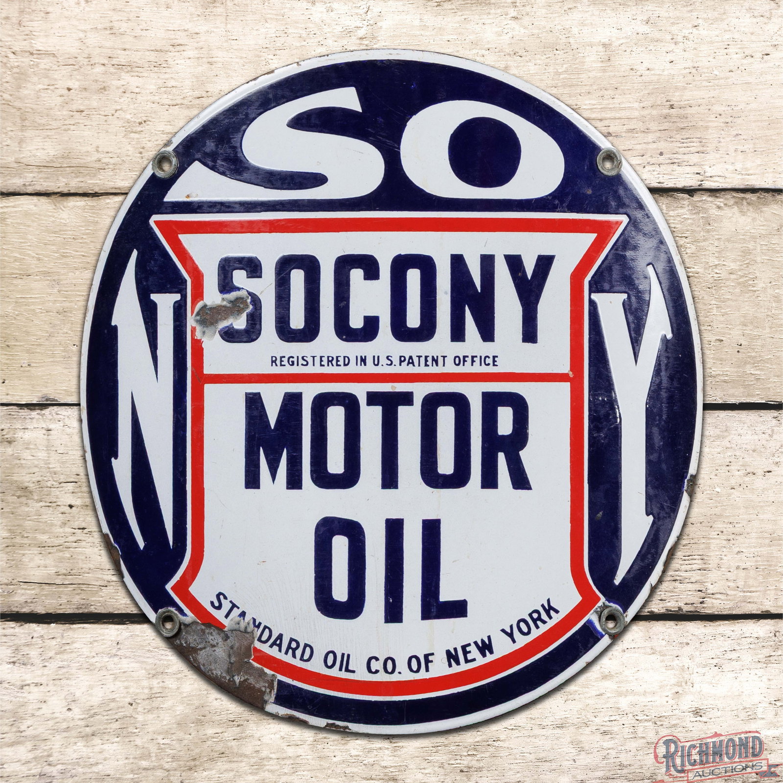 Socony Motor Oil Standard Oil of NY Curved Single Sided Porcelain Sign w/ Logo: SSP (single sided porcelain) curved sign has very good color and gloss. The field has light wear with a chip in the "S" of Socony. The perimeter has an areas of crazing in the lower lettering with chi