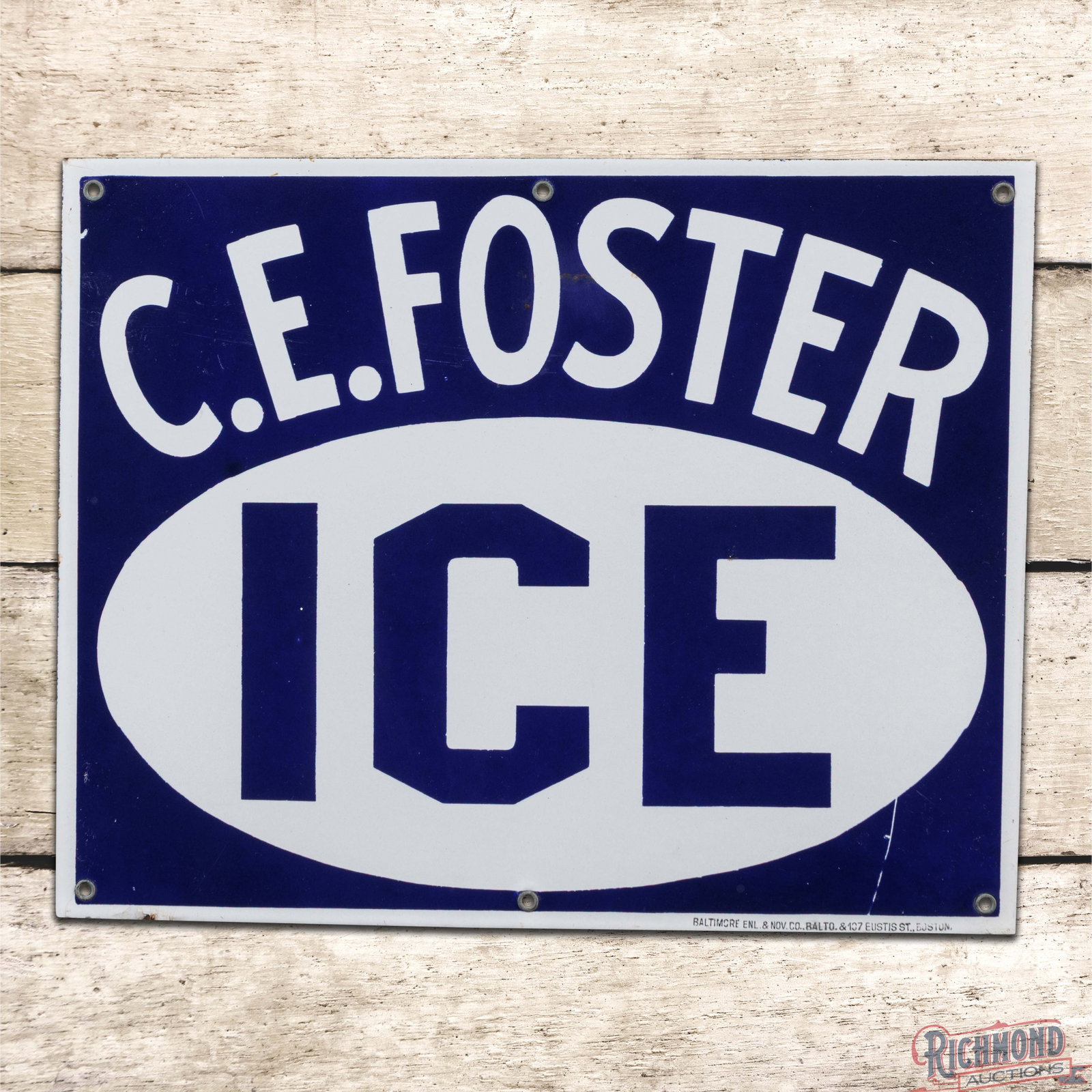 C.E. Foster Ice Single Sided Porcelain Sign: SSP (single sided porcelain) sign has excellent color and gloss. The field is very clean overall with light wear and a small area of discoloration in the "O&S". The perimeter has a factory blemish lin
