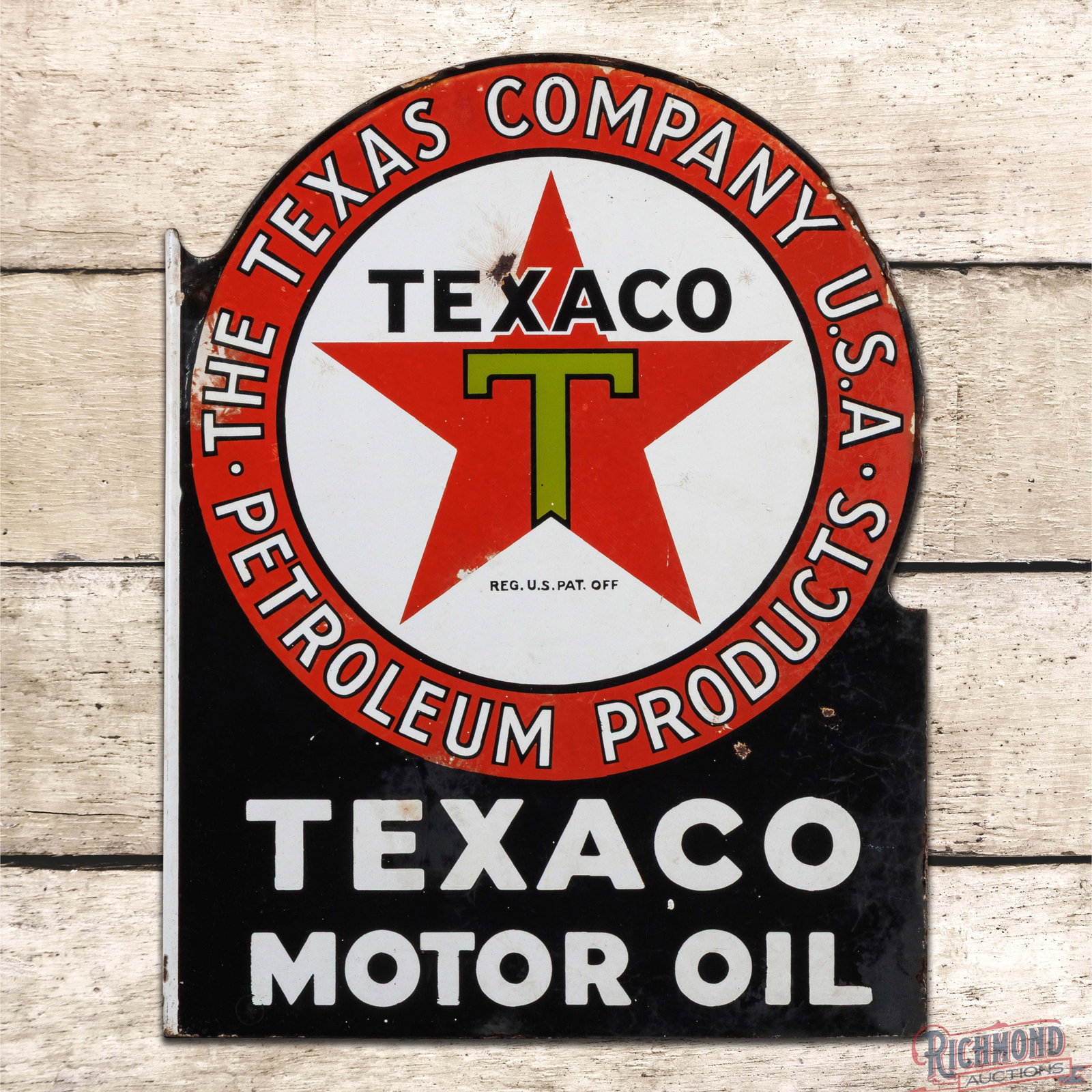 The Texas Company Texaco Motor Oil Double Sided Porcelain Flange Sign: DSP (double sided porcelain) die cut flange has good color and moderate gloss. Side #1 has chips with crazing, surface wear and areas of cloudiness. The perimeter has areas of wash with small areas of