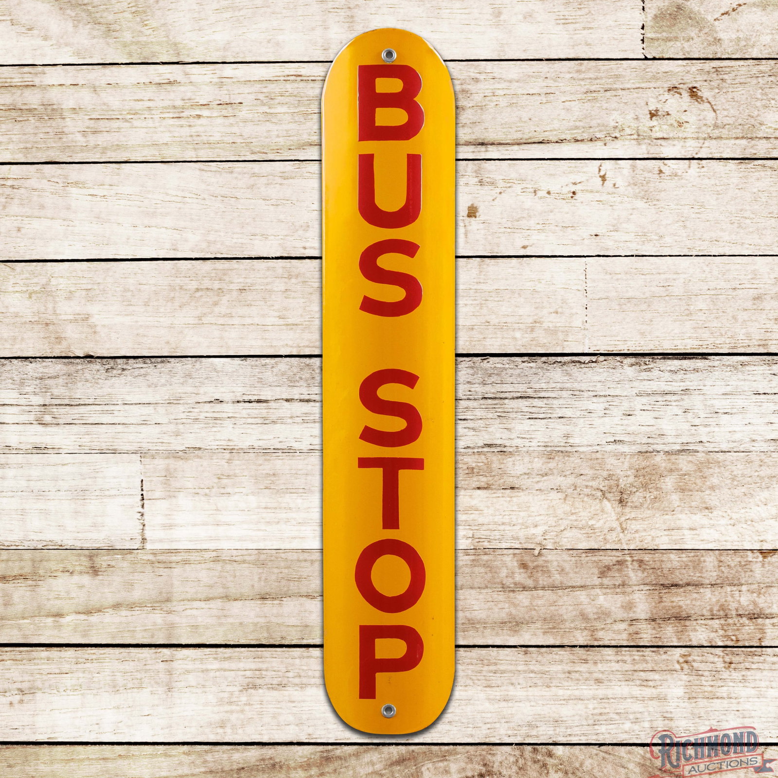 Bus Stop 25" Curved Single Sided Porcelain Sign: SSP (single sided porcelain) sign has amazing color and gloss. The field is clean with tiny areas of discoloration in the outer field. The perimeter is exceptionally clean as well with a few minor edg