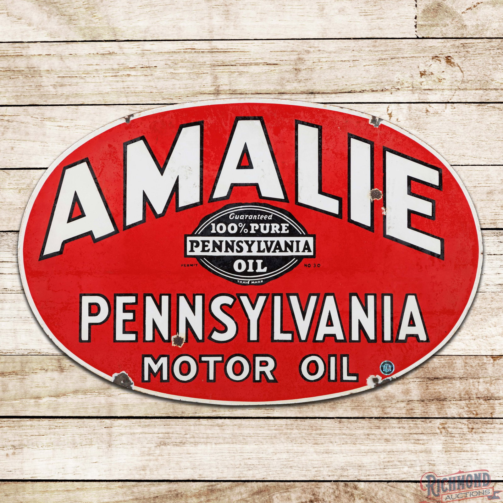 Amalie Pennsylvania Motor Oil "100% Pure Pennsylvania" 30" Double Sided Porcelain Sign: DSP (double sided porcelain) sign has good color and moderate gloss. Side #1 has cloudiness throughout with chips in the outer fields and perimeter. The reverse has larger chips in the fields. 20" H x