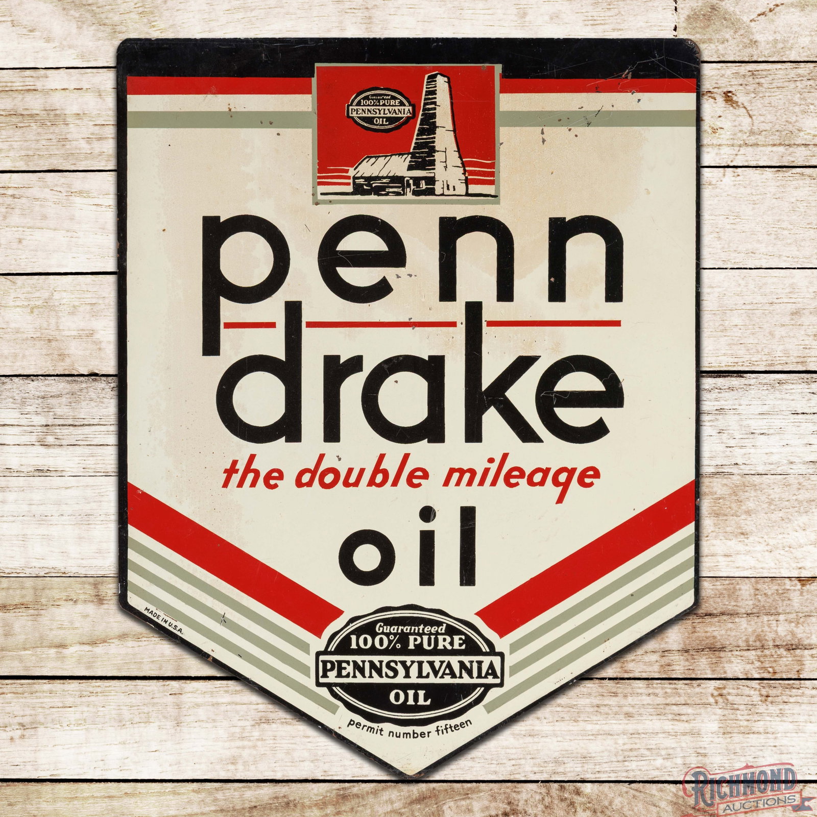 Penn Drake "The Double Mileage Oil" Double Sided Tin Sign w/ Drake Well Logo (1 of 3)