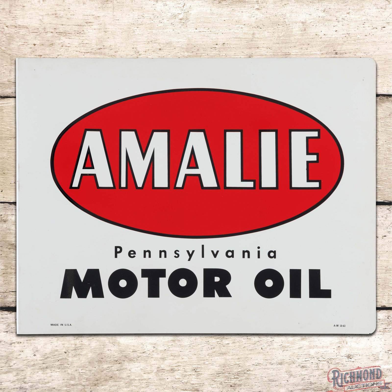 NOS 1963 Amalie Pennsylvania Motor Oil Double Sided Tin Flange Sign w/ Shipping Box: NOS (new old stock) DST (double sided tin) flange with the original box and shipping paper has excellent color and shine. Side #1 has a clean field with minor paper marks along the perimeter and a tin