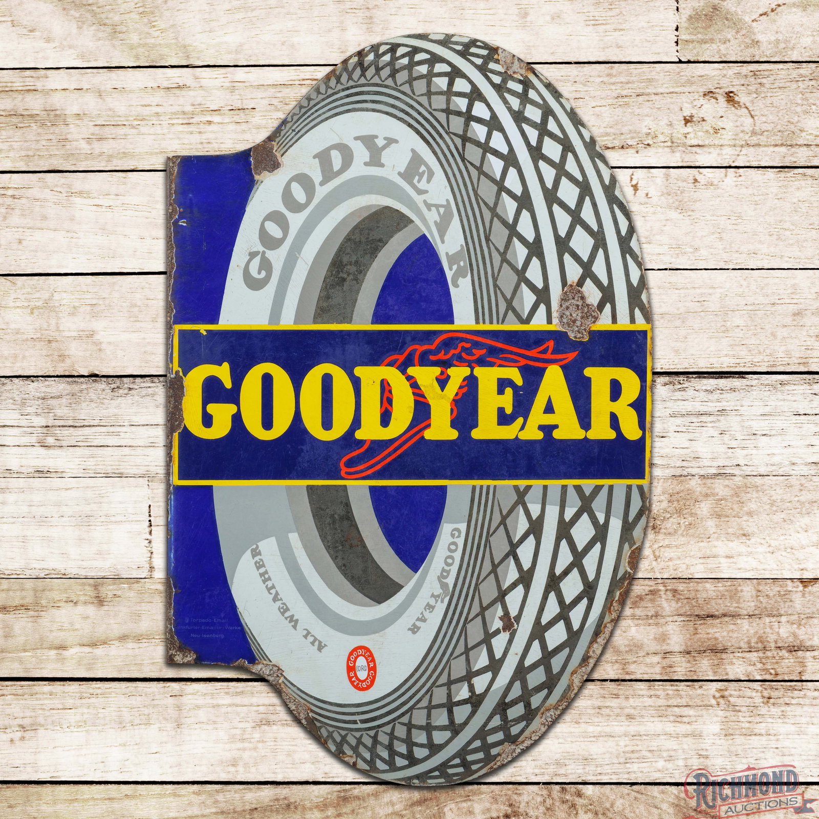 Goodyear All Weather Tires 34" Double Sided Porcelain Flange Sign (1 of 4)