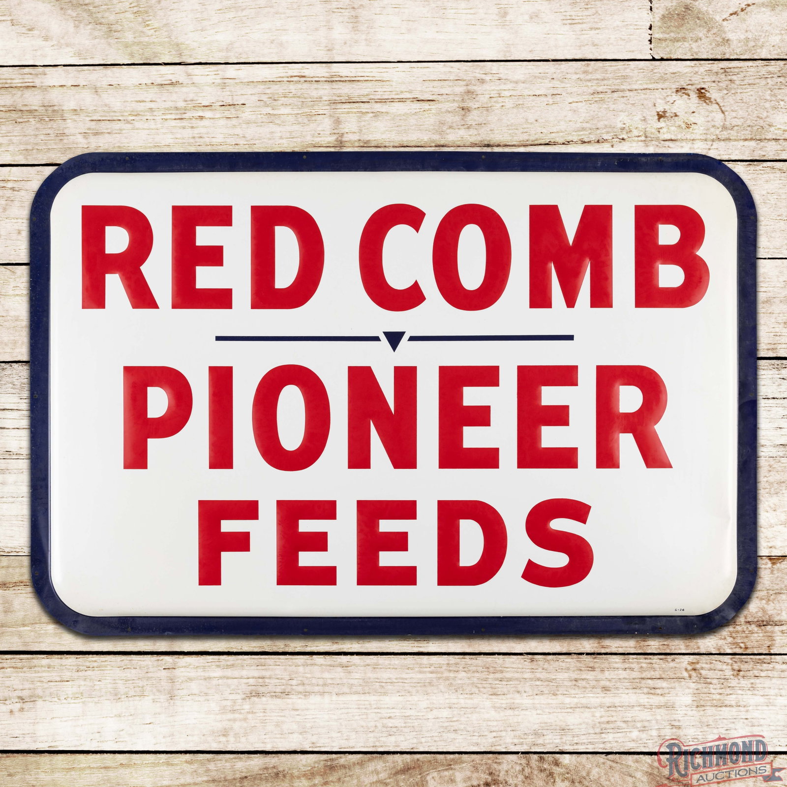 NOS Red Comb Pioneer Feeds 4.5' Emb. Single Sided Tin Sign w/ Shipping Box: SST (single sided tin) embossed sign with the factory paper and shipping box has very good color and shine. The field is clean with faint paper marks and slight cloudiness to the red embossed letterin