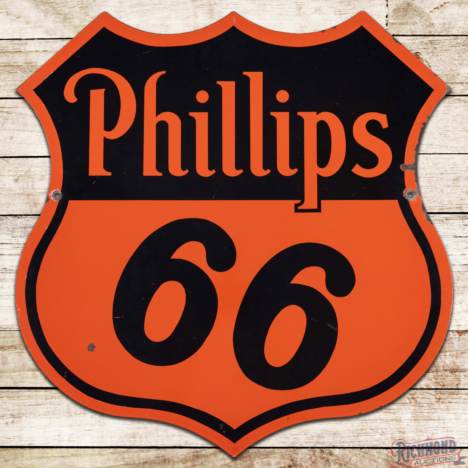 1949 Phillips 66 30" Double Sided Porcelain Logo Sign: DSP (double sided porcelain) sign has good color and gloss. Side #1 has surface wear with fine scratches and slight cloudiness to the black porcelain enamel. The lower left outer field has a dime-size