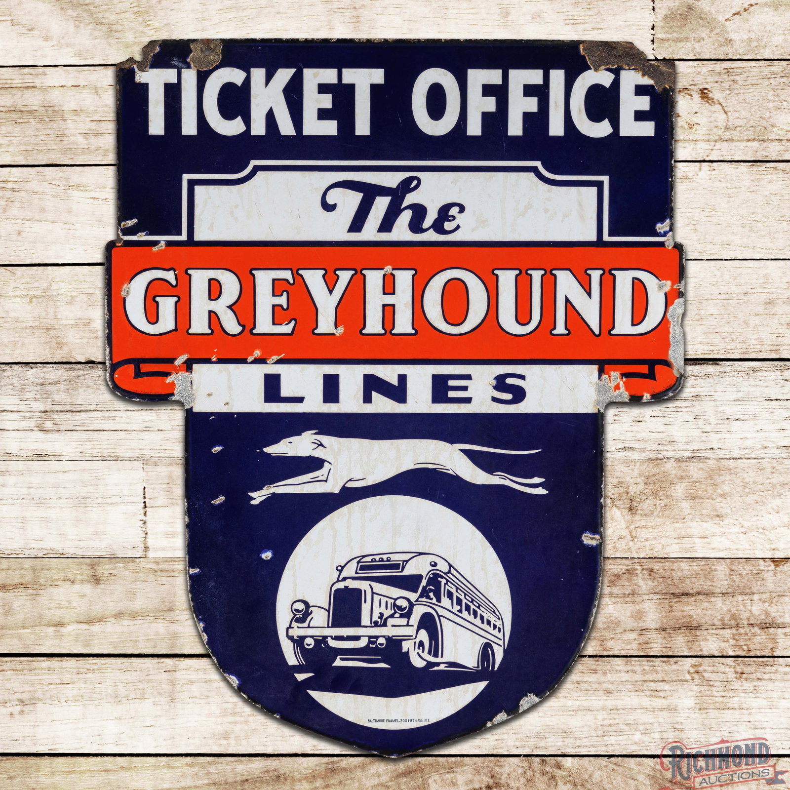 The Greyhound Lines Ticket Office Double Sided Porcelain Sign w/ Bus: DSP (double sided porcelain) die cut sign has good color and gloss. Side #1 has discoloration and toning in the fields with small chips and light surface wear. The perimeter has edge wear with chips a