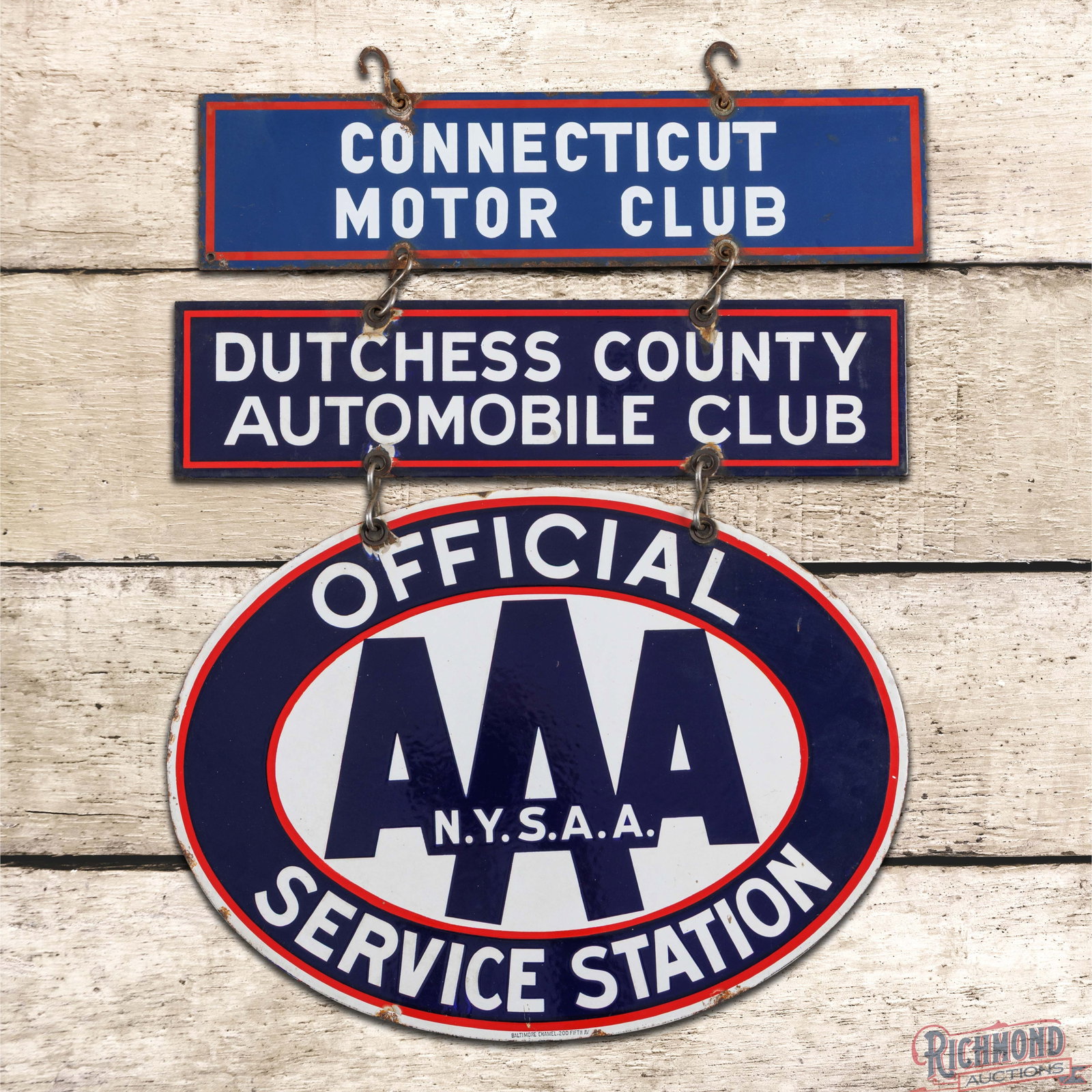 Official AAA Service Station Connecticut Dutchess County Motor Automobile Club 3-Piece DSP Sign (1 of 3)