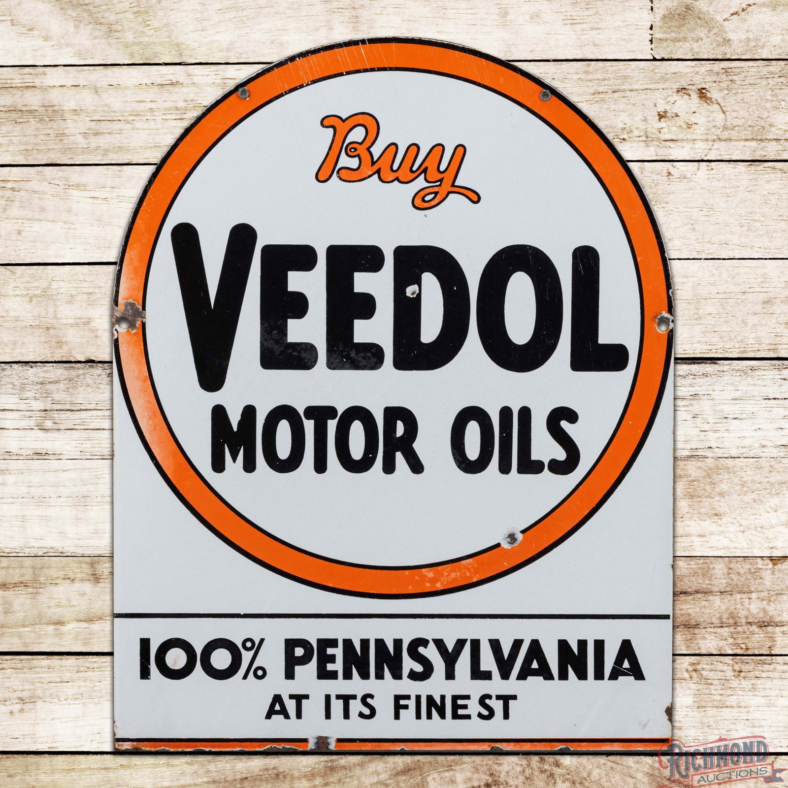 Buy Veedol 100% Pure Pennsylvania Motor Oils Double Sided Porcelain Tombstone Sign: DSP (double sided porcelain) sign has good color and gloss. The display has surface wear throughout with small chips, crazing and small areas of cloudiness. The perimeter has a large chip at the right