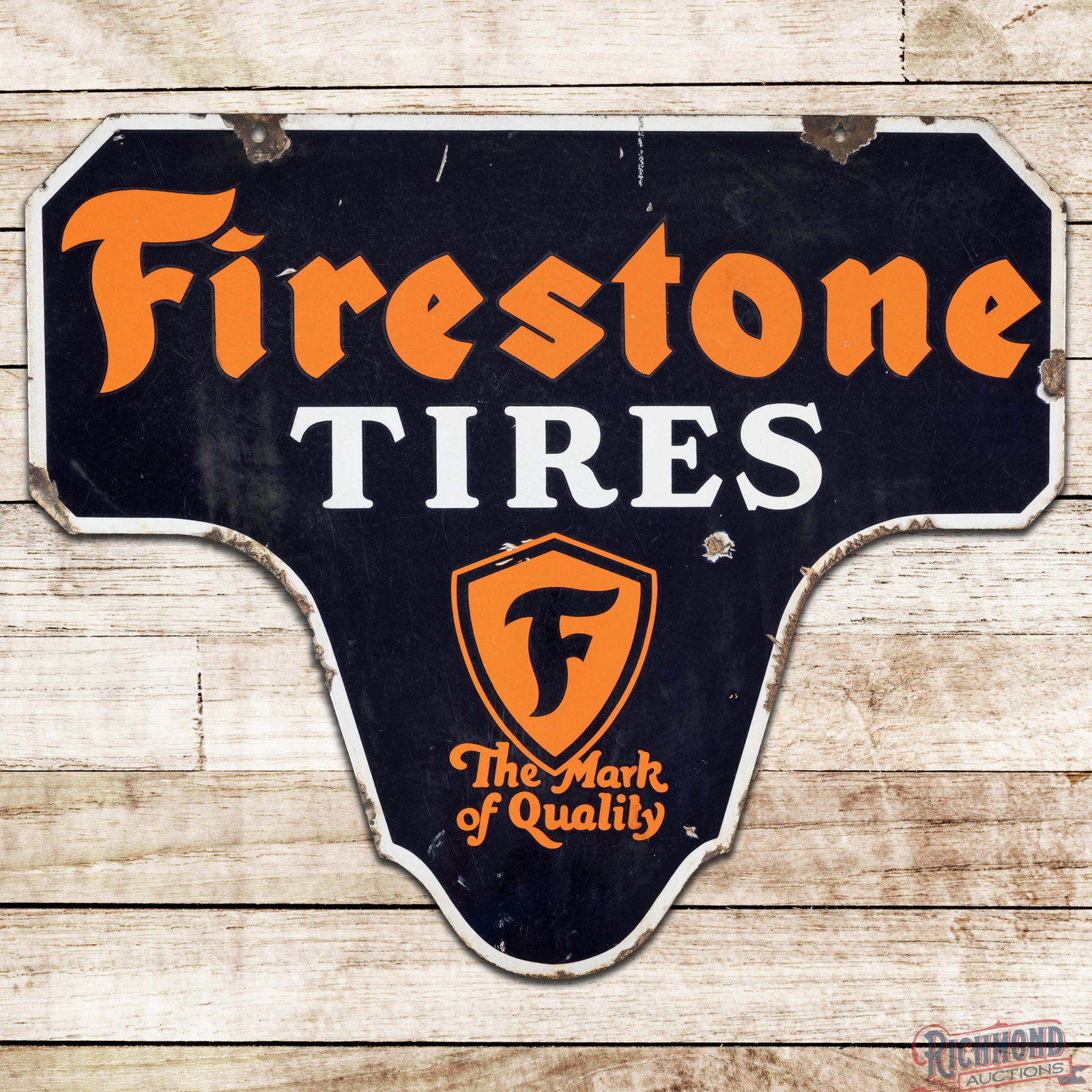 Firestone Tires "The Mark of Quality" Double Sided Porcelain Die Cut Sign w/ Logo: DSP (double sided porcelain) die cut sign has good color and gloss. The display has fine scratches, areas of discoloration and cloudiness, errant paint drips, and small nicks in the fields. The perime