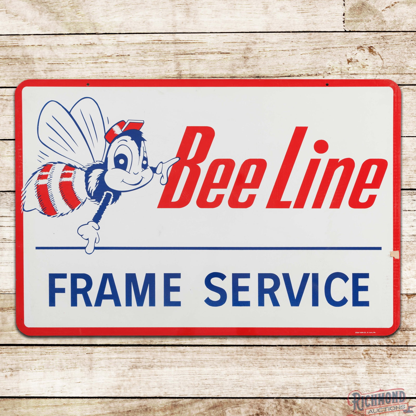 NOS Bee Line Frame Service 3' Double Sided Tin Sign w/ Bee Mascot & Box: NOS (new old stock) DST (double sided tin) sign with the factory box and paper has day one color and shine. Side #1 is exceptionally clean with faint paper marks throughout and minor paper residue alo