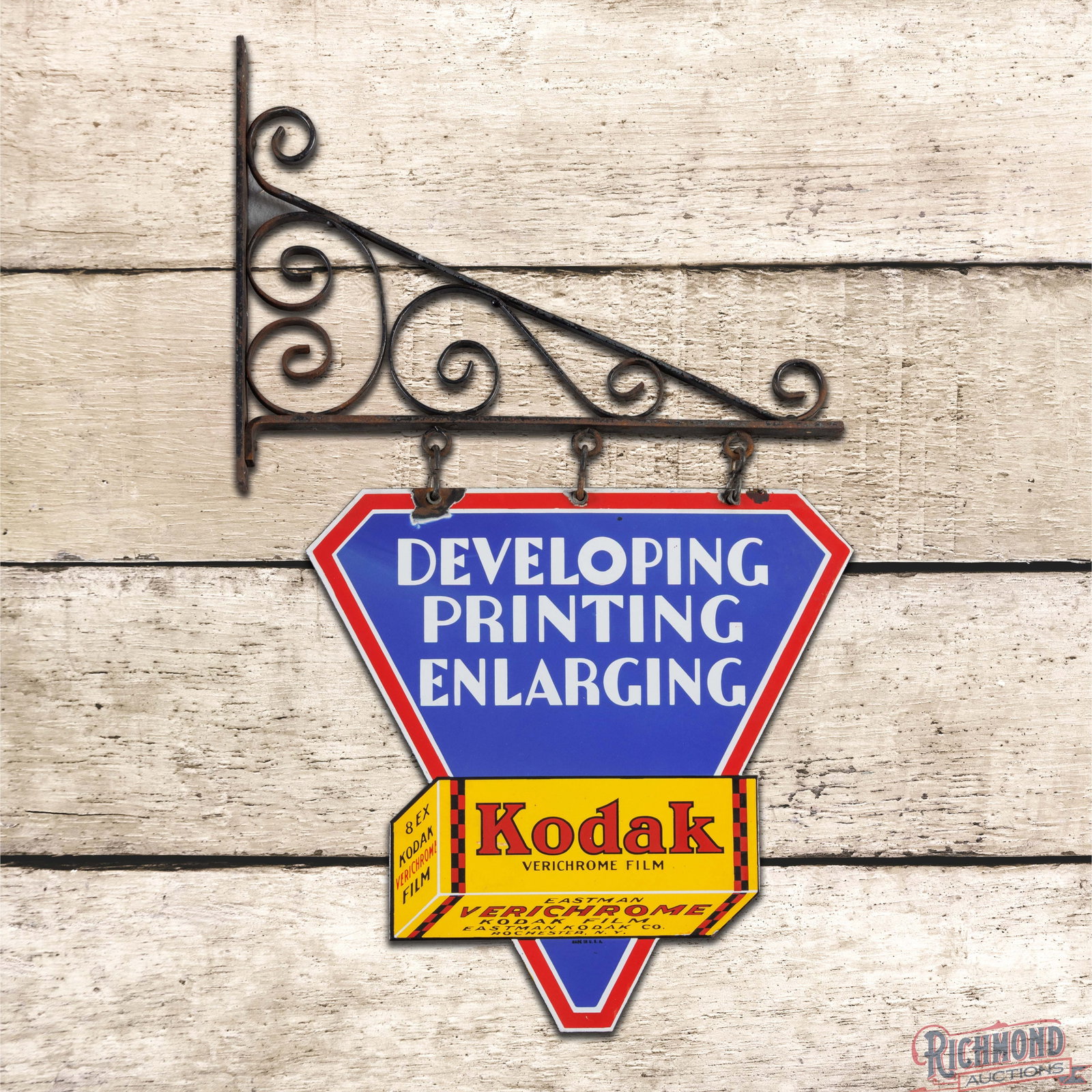 Kodak Verichrome Film Developing Printing Enlarging Double Sided Porcelain Sign w/ Original Bracket: DSP (double sided porcelain) die cut sign with the factory scroll bracket has excellent color and gloss. Side #1 has a clean field with chips at two of the upper mounting holes and the lower outer edg