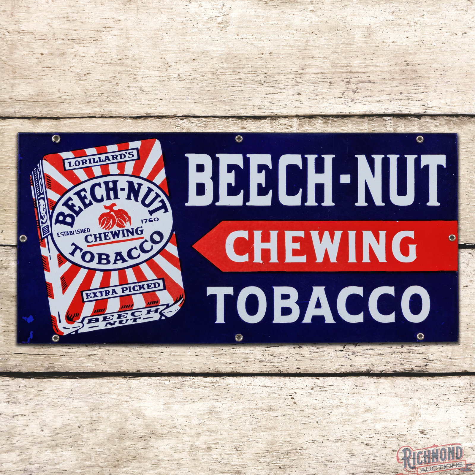 Lorillard's Beechnut Chewing Tobacco Single Sided Porcelain Sign w/ Pouch (1 of 3)