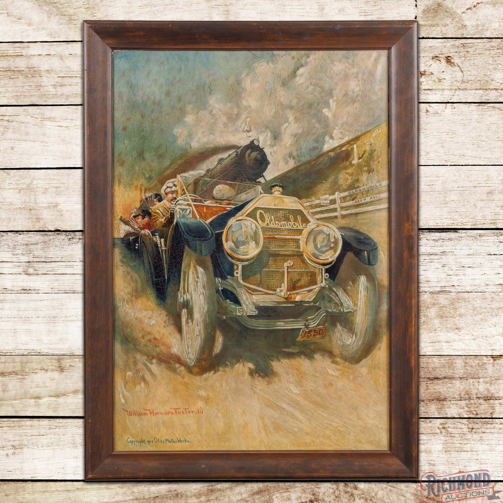 Oldsmobile Setting the Pace Canvas Dealer Print William Harnden Foster: Single sided framed canvas print with a wooden frame has very good color. The print exhibits light wear with crackled areas and small paint chips. The perimeter has a small area of color match on the 