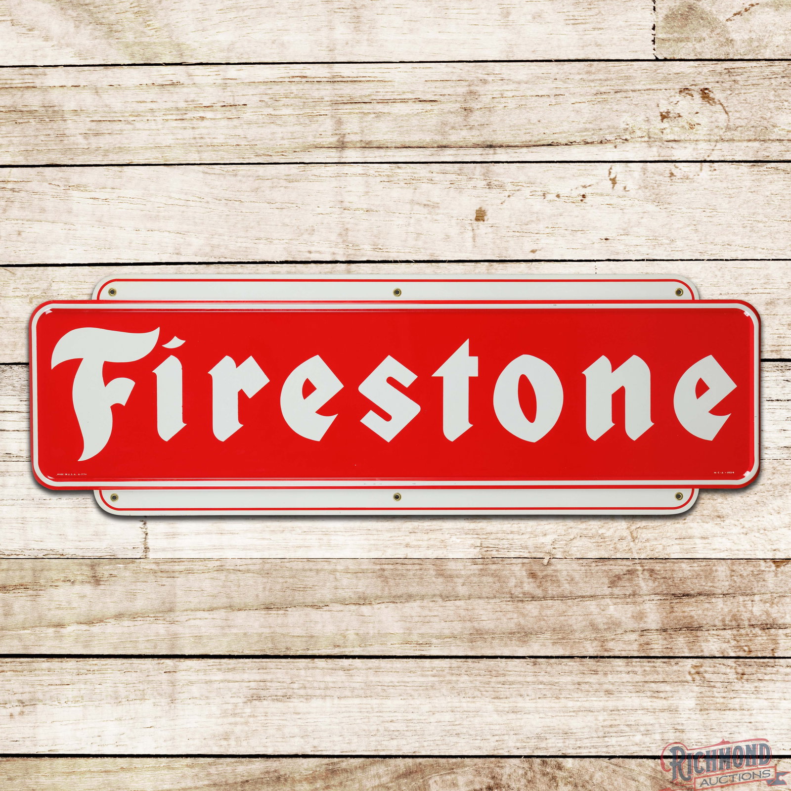 NOS Firestone Tires Horizontal 6' Single Sided Tin Die Cut Sign: NOS (new old stock) SST (single sided tin) self-framed sign has day one color and shine. The field is clean with small factory blemishes and faint paper marks. The raised outer white edges have small 