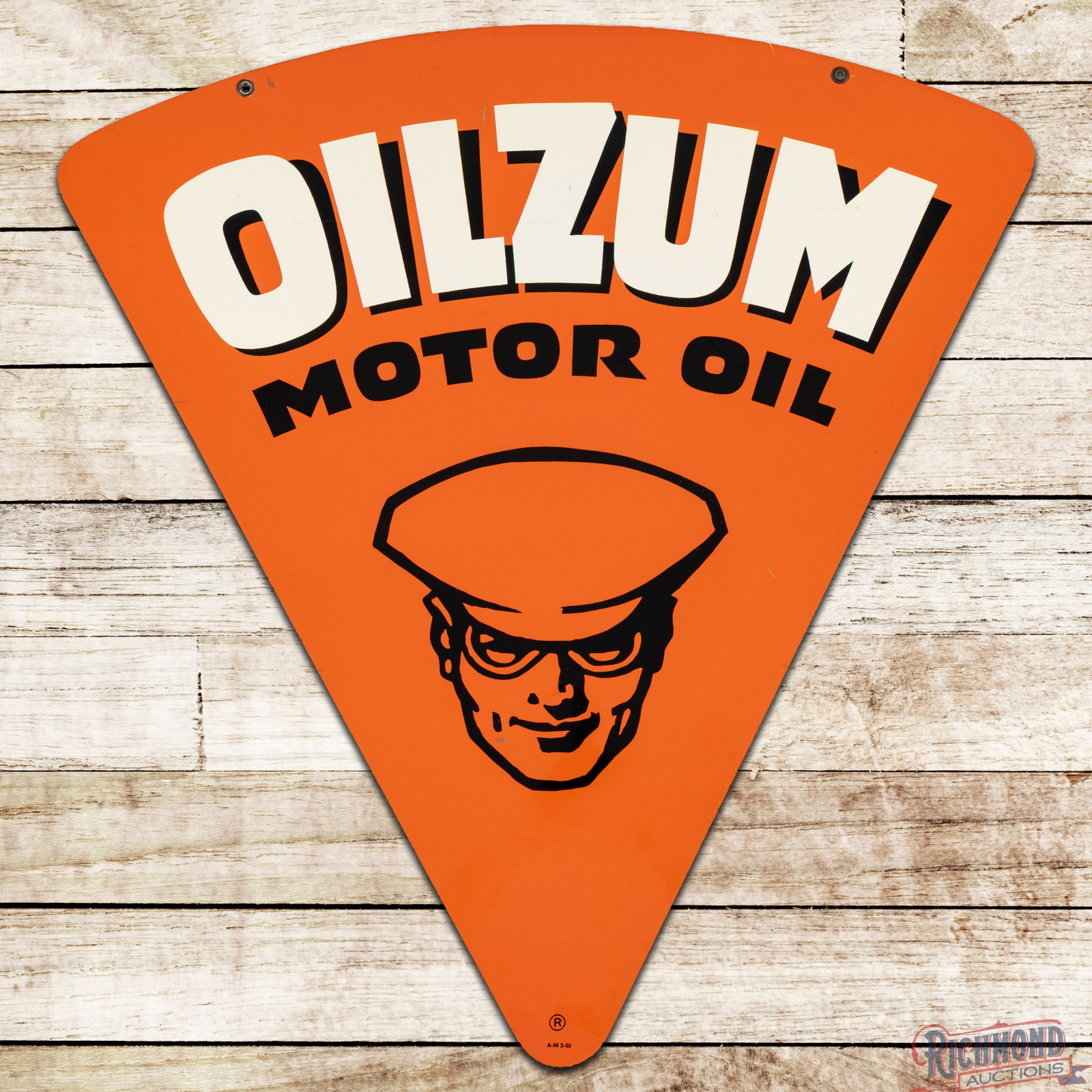 1955 Oilzum Motor Oil Double Sided Tin Sign w/ Oswald: DST (double sided tin) sign has excellent color and shine. Side #1 has light surface wear with fine scratches and a small paint chip on Oswald's lower left cheek. The perimeter has small paint chips a