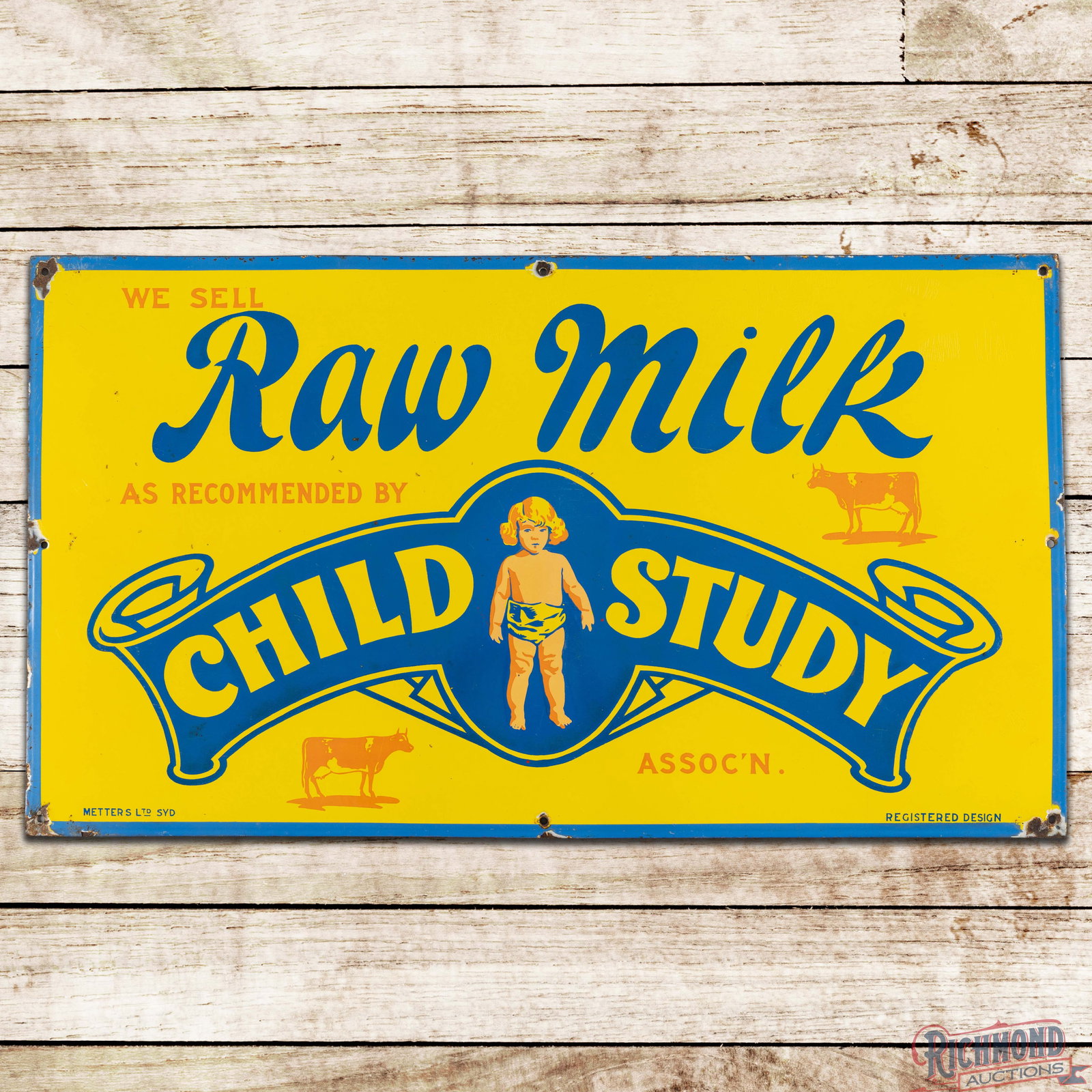 Child Study We Sell Raw Milk Single Sided Porcelain Sign: SSP (single sided porcelain) sign has excellent color and gloss. The field has light surface wear with small nicks in the porcelain enamel. The perimeter has chips at the mounting holes and edges. Mar