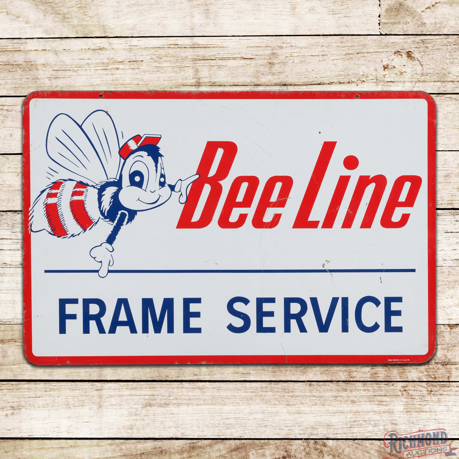 Bee Line Frame Service 3' Double Sided Tin Sign w/ Bee Mascot: DST (double sided tin) sign has very good color and shine. The display has areas of surface wear and scratches which are mainly in the center and right fields. The perimeter has small paint chips, min