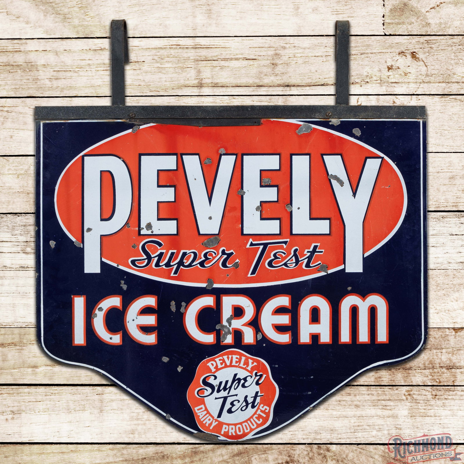 Pevely Super Test Ice Cream 3' Double Sided Porcelain Sign w/ Hanging Bracket (1 of 3)