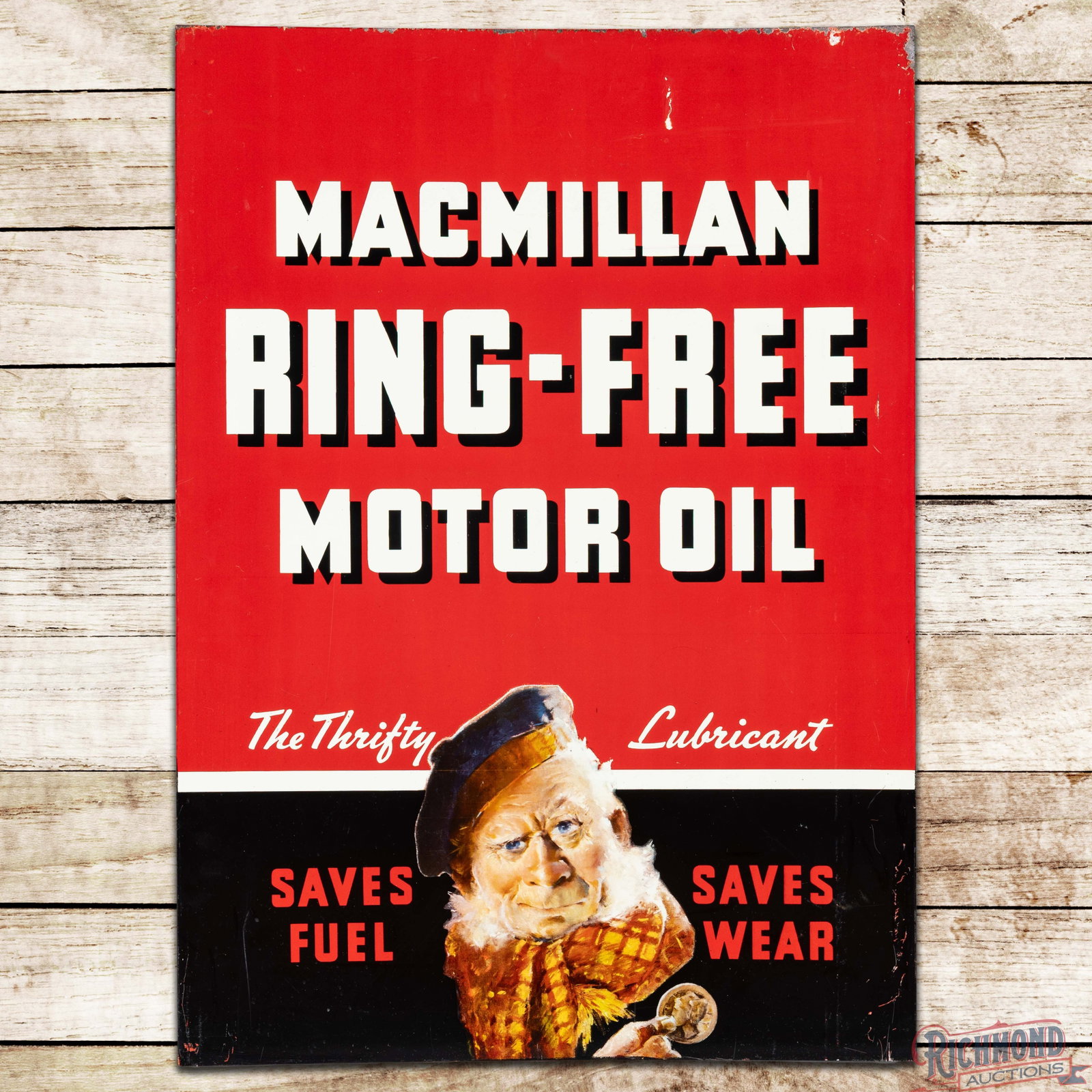 Macmillan Ring-Free Motor Oil "The Thrifty Lubricant" Double Sided Tin Sign w/ Scotsman: DST (double sided tin) sign has excellent color and shine. The display has light wear with fine scratches and tiny dings above the "Macmillan" lettering. There are a few small areas of color match in 