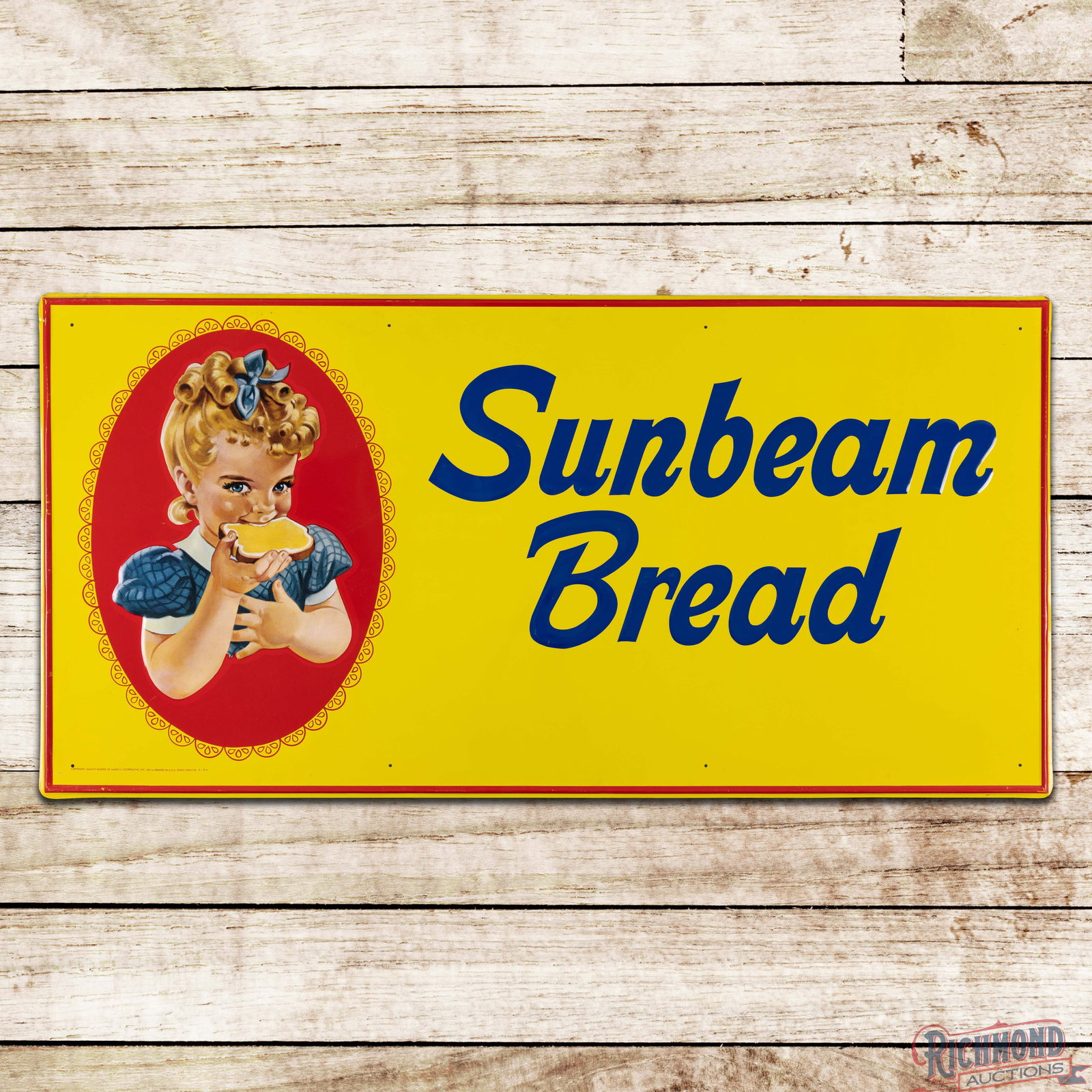 NOS Sunbeam Bread 6' Emb. Single Sided Tin Sign w/ Sunbeam Girl: NOS (new old stock) SST (single sided tin) embossed self-framed sign with partial factory paper has day one color and shine. The sign is exceptionally clean overall with a few tiny nicks and imperfect