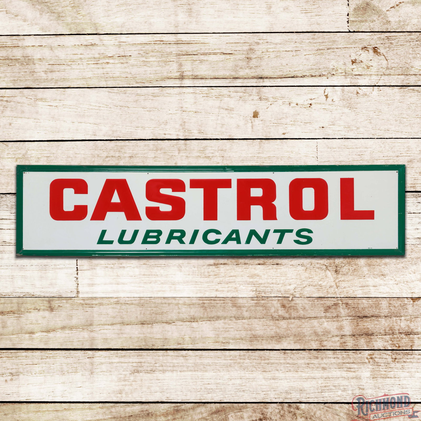 Castrol Lubricants 6' Emb. Single Sided Tin Sign: SST (single sided tin) embossed self-framed sign has very good color and shine. The field exhibits small imperfections with tiny paint chips, rubs and a tiny scratch below the "A" in Castrol. The peri