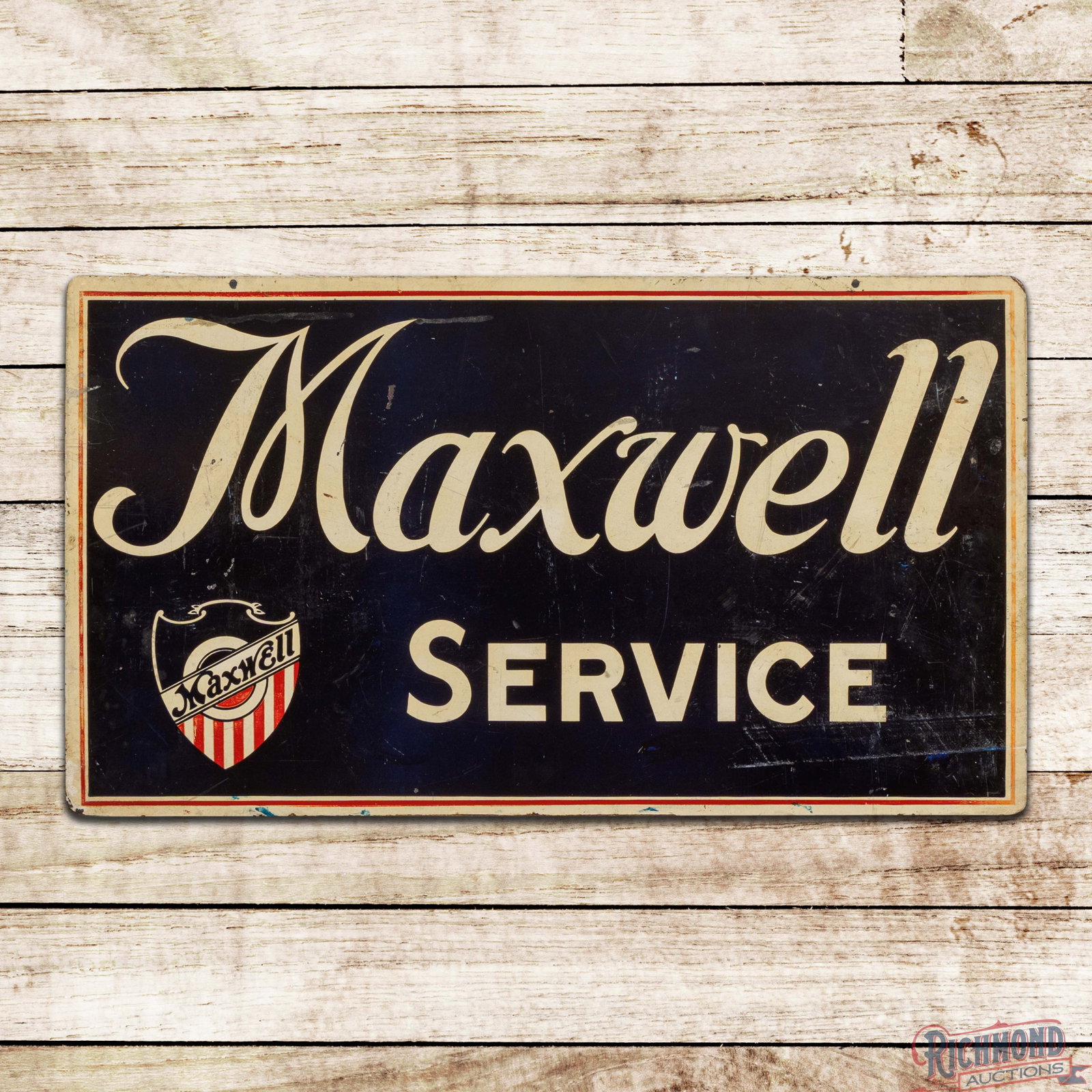 Rare Maxwell Service Double Sided Tin Sign w/ Shield Logo: DST (double sided tin) sign has good color and shine. The display has slight toning throughout with areas of wear and fine scratches. The perimeter has paint chips with a minor horizontal bend along t