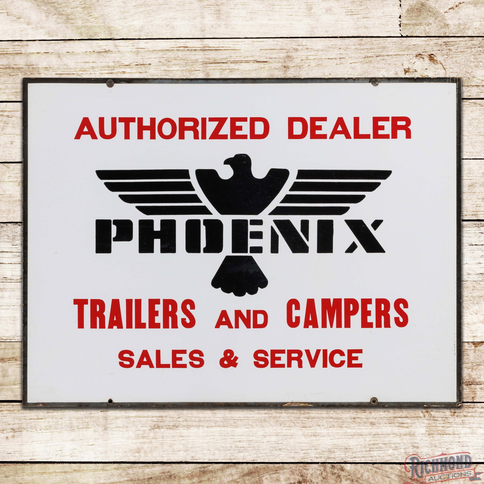 Phoenix Trailers and Campers Authorized Sales and Service Double Sided Porcelain Sign w/ Logo: DSP (double sided porcelain) sign has very good color and gloss. The display has light wear in the fields, with slight cloudiness to the black porcelain enamel. The perimeter has discoloration and chi