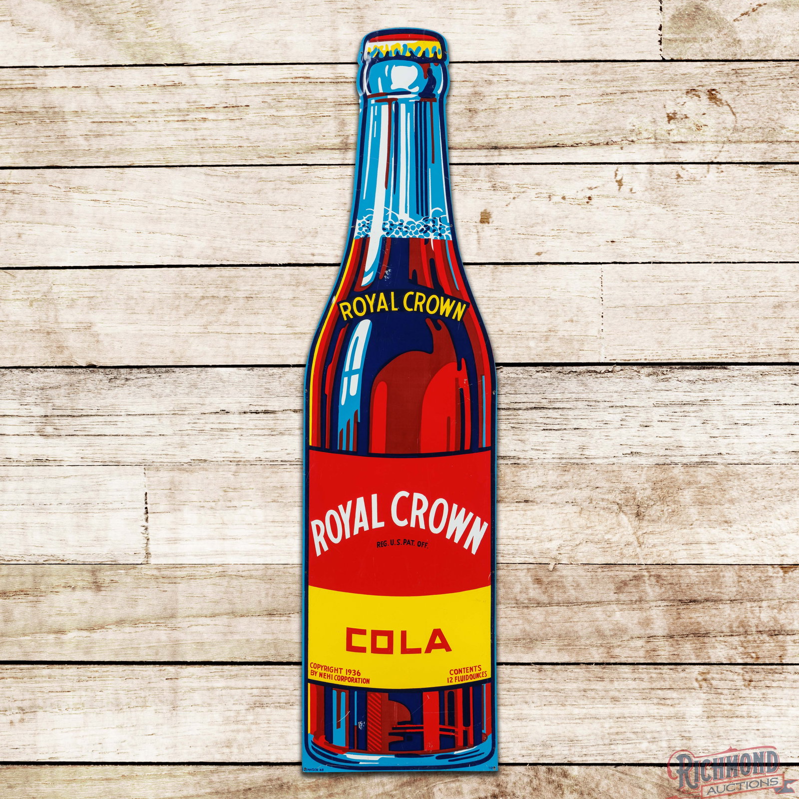 1948 RC Royal Crown Cole 5' Emb. Single Sided Tin Bottle Sign: SST (single sided tin) die cut embossed bottle shaped sign has excellent color and shine. The field has fine scratches with surface scuffs and paint chips. The upper portion of the bottle graphic has 