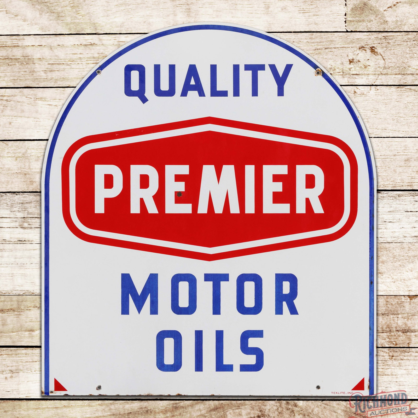 Premier Quality Motor Oils 29" Double Sided Porcelain Tombstone Sign: DSP (double sided porcelain) tombstone shaped sign has excellent color and gloss. Side #1 has faint cloudiness to the red and blue porcelain with a clean field and small chips along the outer edges. T
