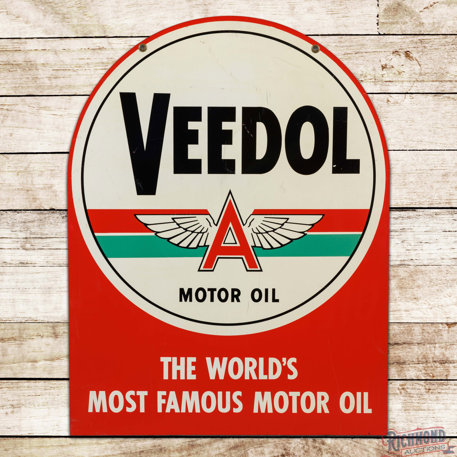 Veedol Flying A Motor Oil Double Sided Tin Tombstone Sign w/ Logo: DST (double sided tin) sign has excellent color and shine. The display is very clean overall with minor surface imperfections, a faint indentation on the second "E" in Veedol, and a few scratches in t