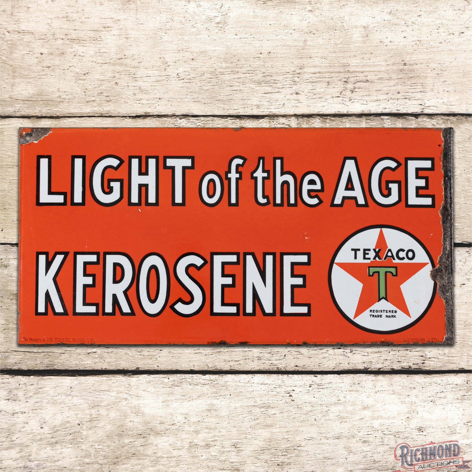 Texaco Light of the Age Kerosene Double Sided Porcelain Flange Sign w/ Logo: DSP (double sided porcelain) flange has excellent color and gloss. Side #1 has a clean field with small factory blemishes and light surface wear. The upper left corner has a small bend, and the right-