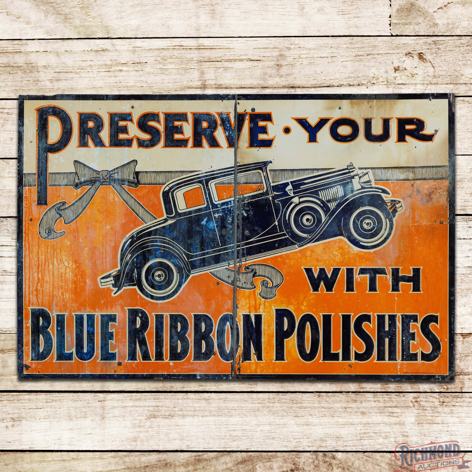 Preserve Your Automobile w/ Blue Ribbon Polishes Emb. Single Sided Tin Sign w/ Early Car (1 of 3)