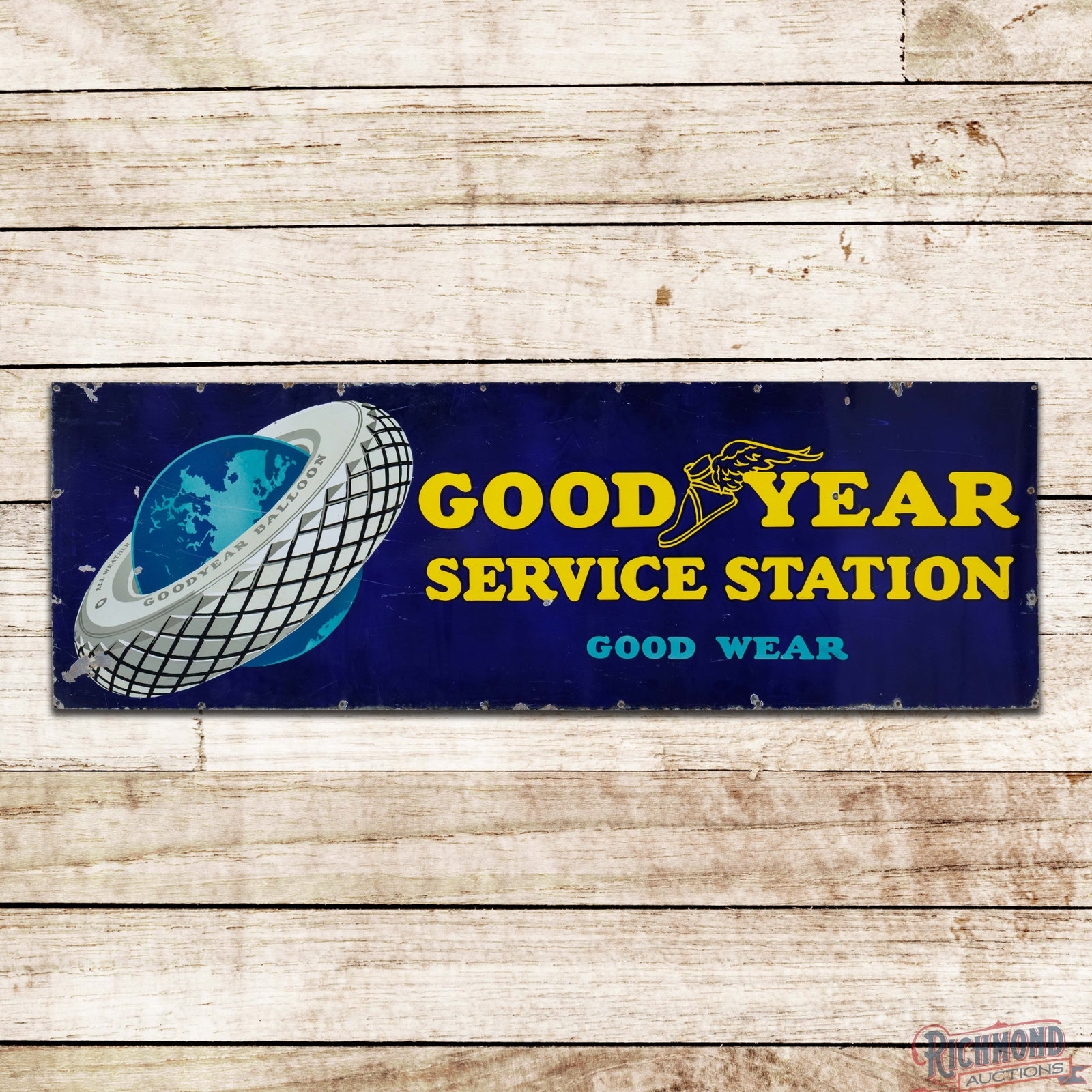 Goodyear Service Station "Good Wear" 6' Single Sided Porcelain Sign w/ World Logo (1 of 3)