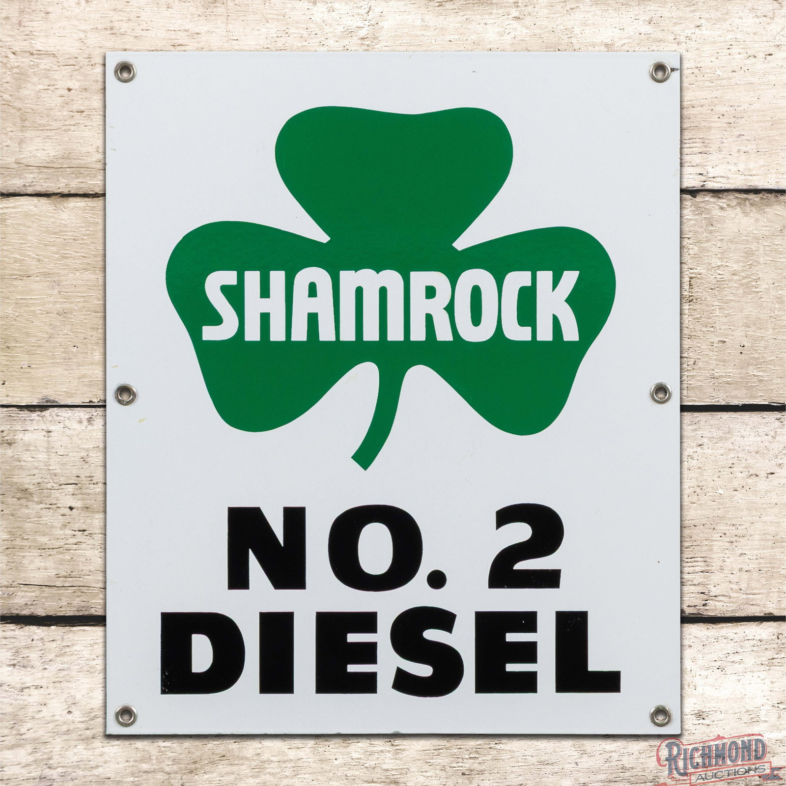 Shamrock No. 2 Diesel Single Sided Porcelain Pump Plate Sign w/ Logo: SSP (single sided porcelain) pump plate has excellent color and gloss. The field is very clean overall with a few minor surface rubs on the lower right edge of the logo and light marks in the "EL of D
