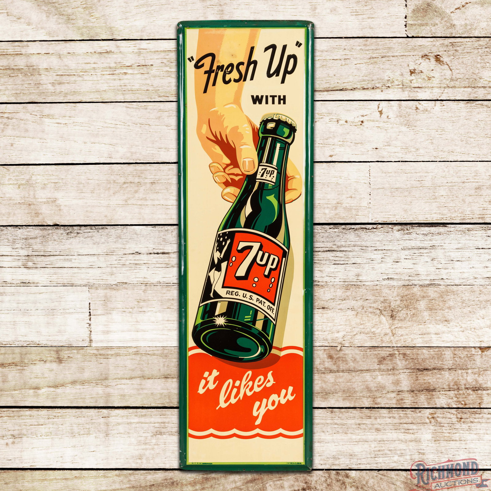1950 Fresh Up with 7up It Likes You 4.5' Single Sided Tin Sign w/ Hand & Swimmer Girl Bottle: SST (single sided tin) embossed self-framed sign has excellent color and shine. The field is very clean overall with minor paper marks, a tiny white paint drip on the lower left side of the bottle and