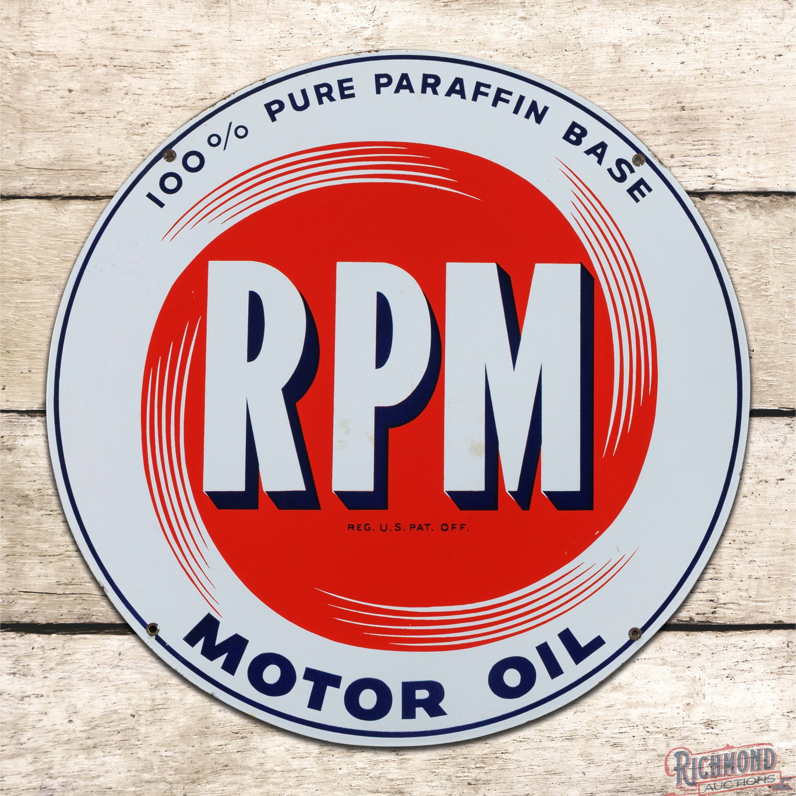 RPM 100% Pure Paraffin Base Motor Oil 23" Single Sided Porcelain Sign (1 of 3)